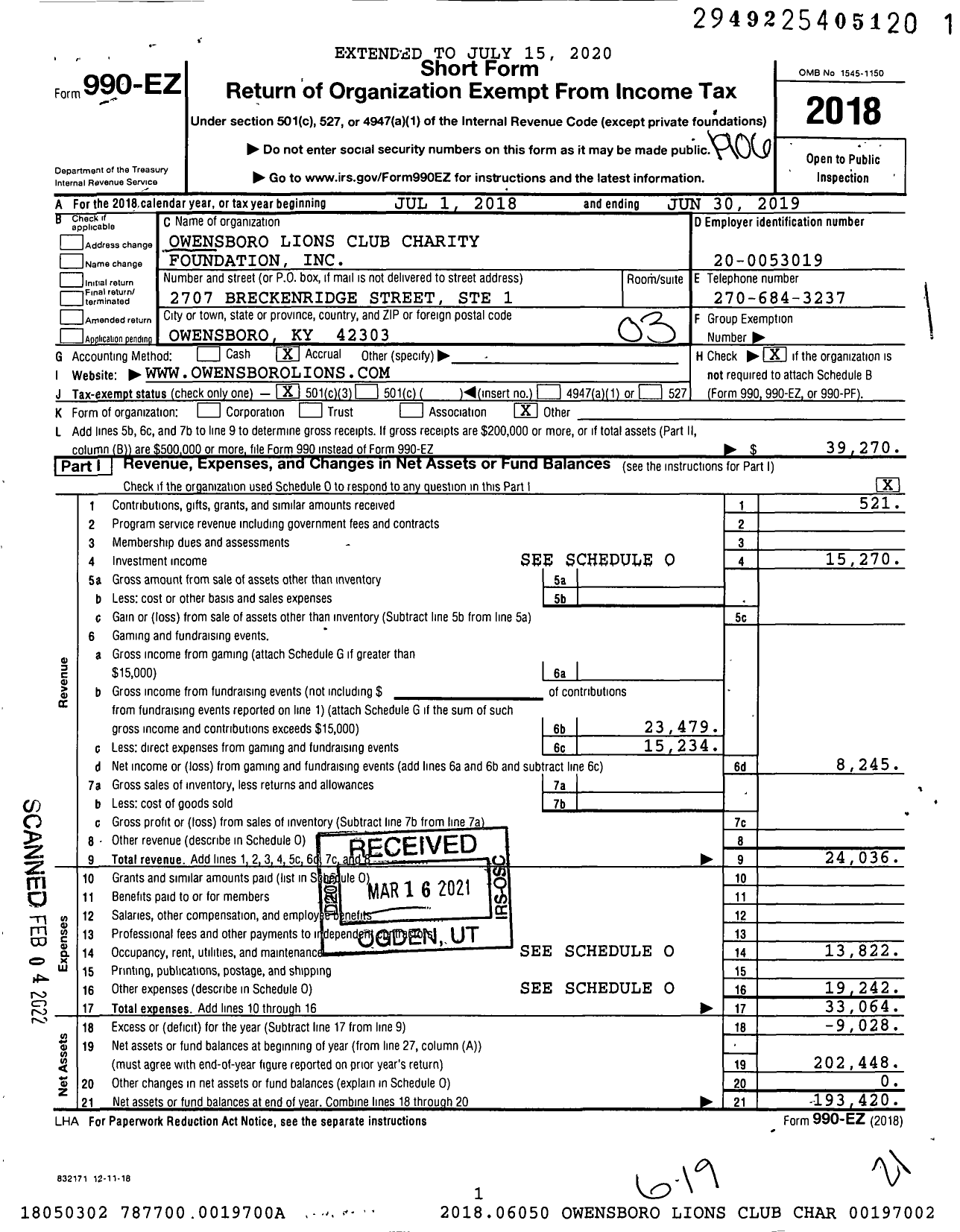 Image of first page of 2018 Form 990EZ for Owensboro Lions Club Charity Foundation