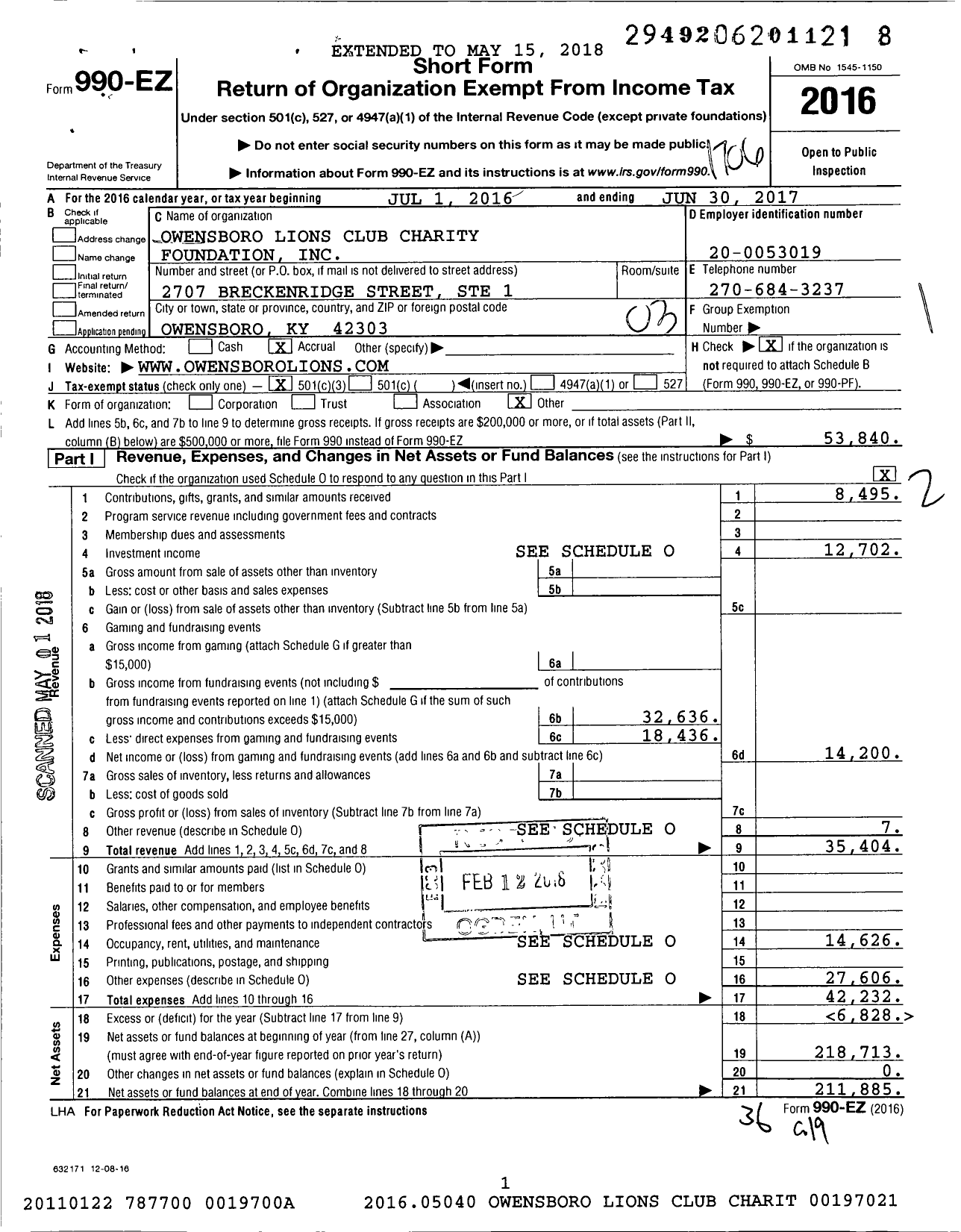 Image of first page of 2016 Form 990EZ for Owensboro Lions Club Charity Foundation