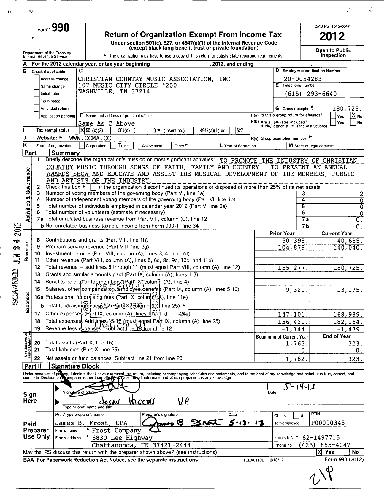 Image of first page of 2012 Form 990 for Christian Countrymusic Association