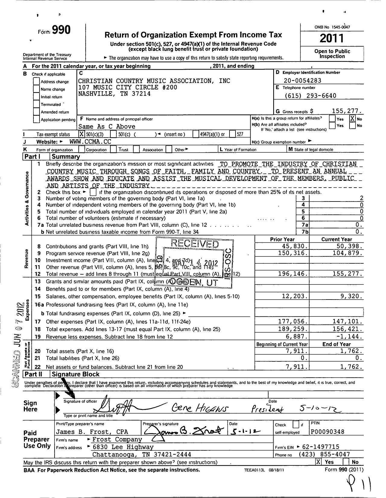 Image of first page of 2011 Form 990 for Christian Countrymusic Association