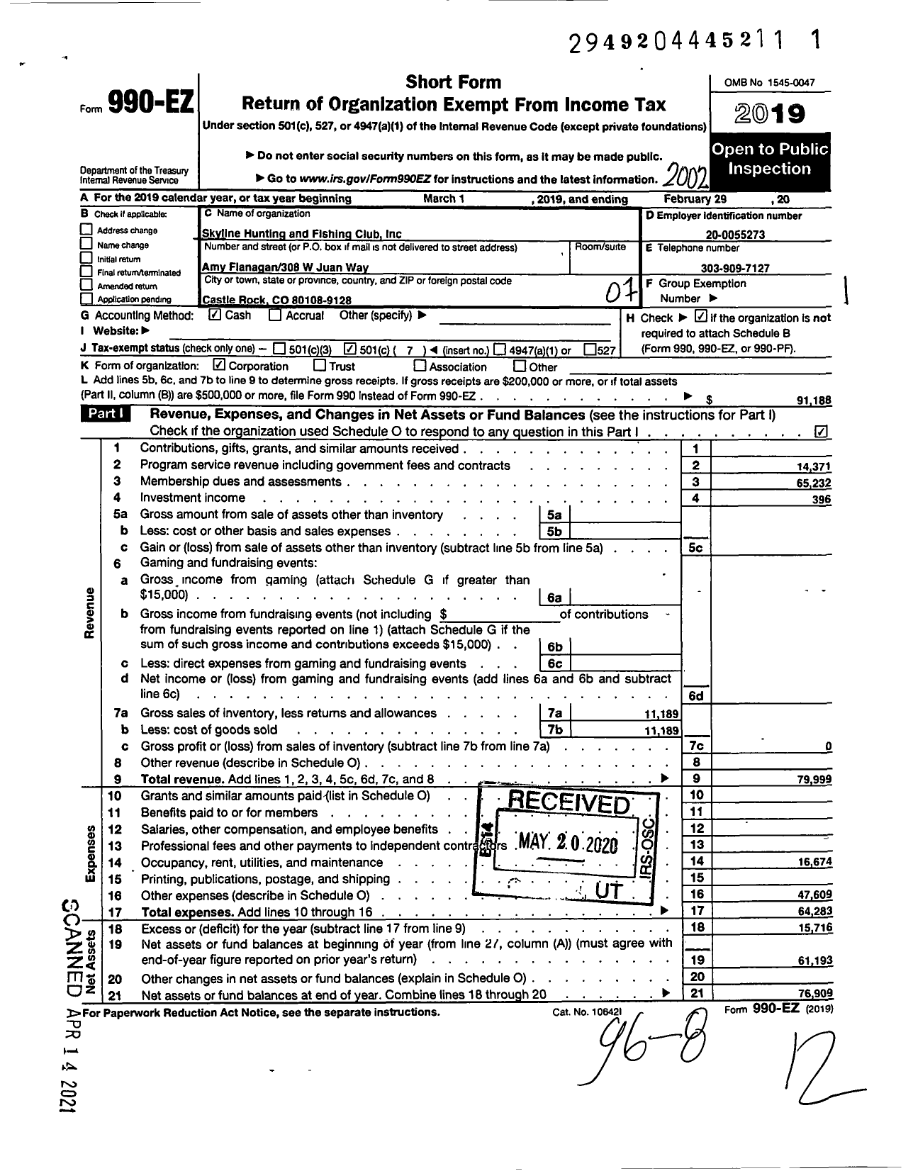 Image of first page of 2019 Form 990EO for Skyline Hunting and Fishing Club