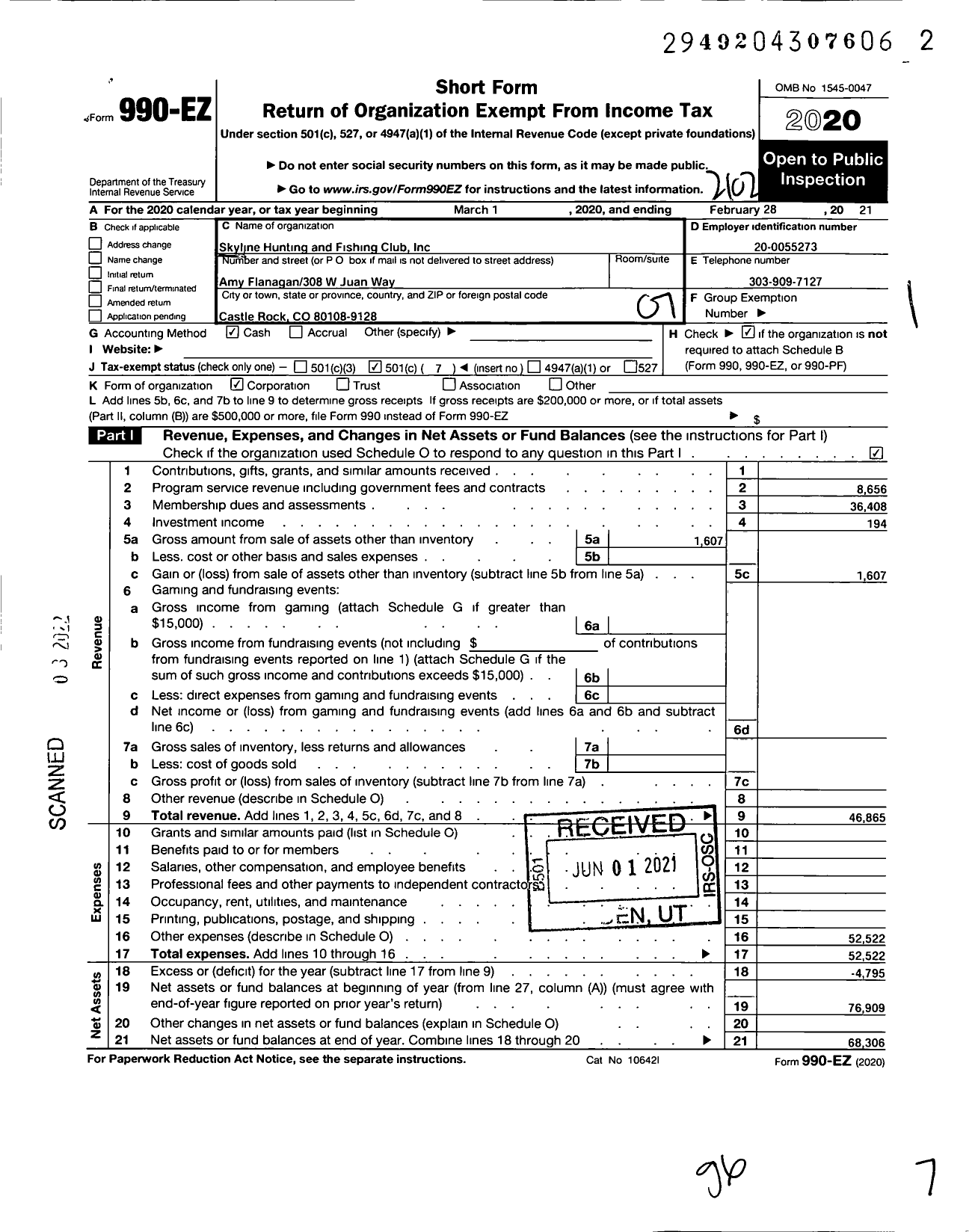 Image of first page of 2020 Form 990EO for Skyline Hunting and Fishing Club