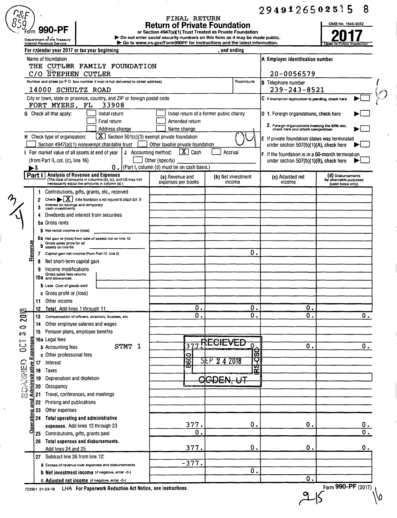 Image of first page of 2017 Form 990PF for Cutler Family Foundation