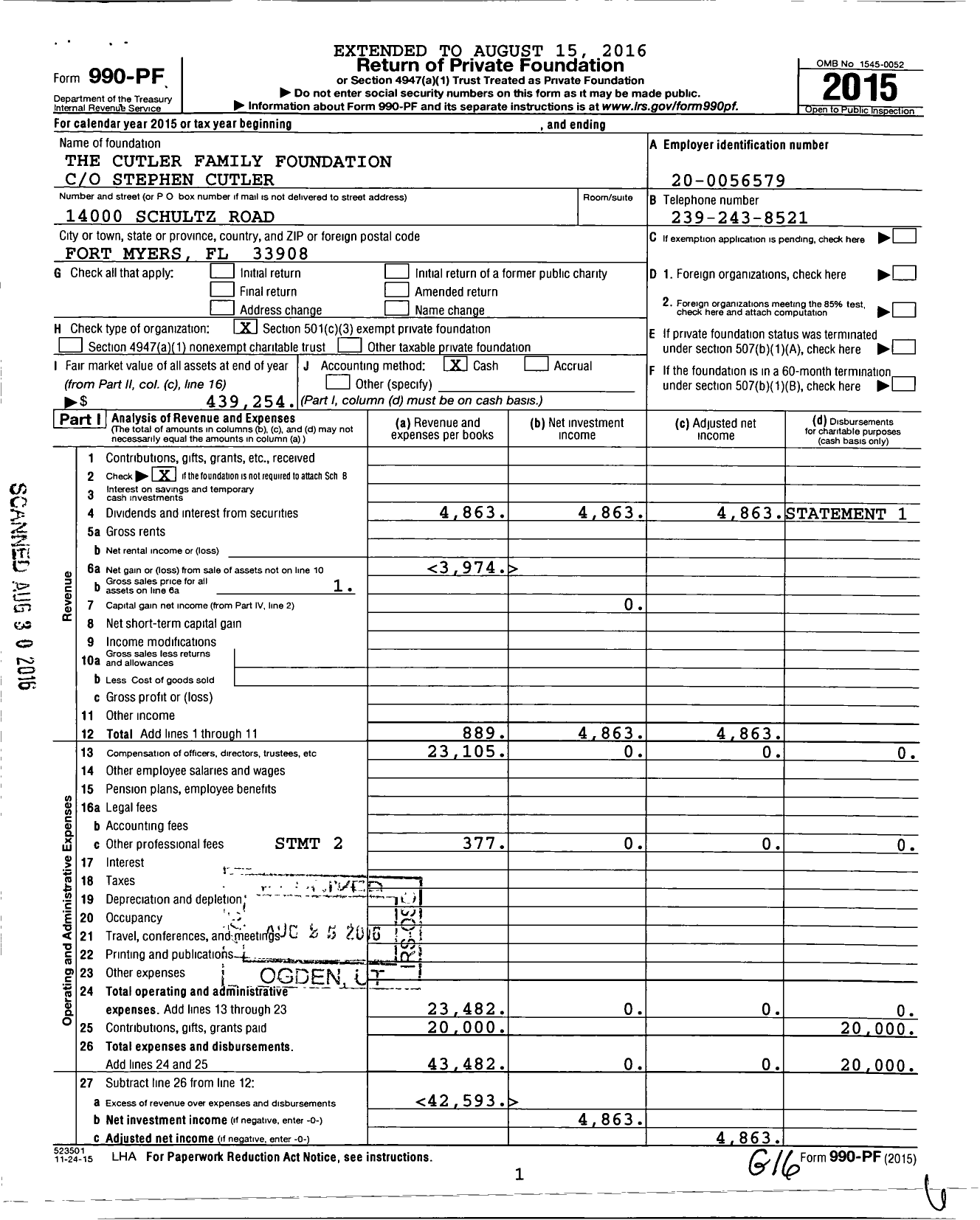 Image of first page of 2015 Form 990PF for Cutler Family Foundation