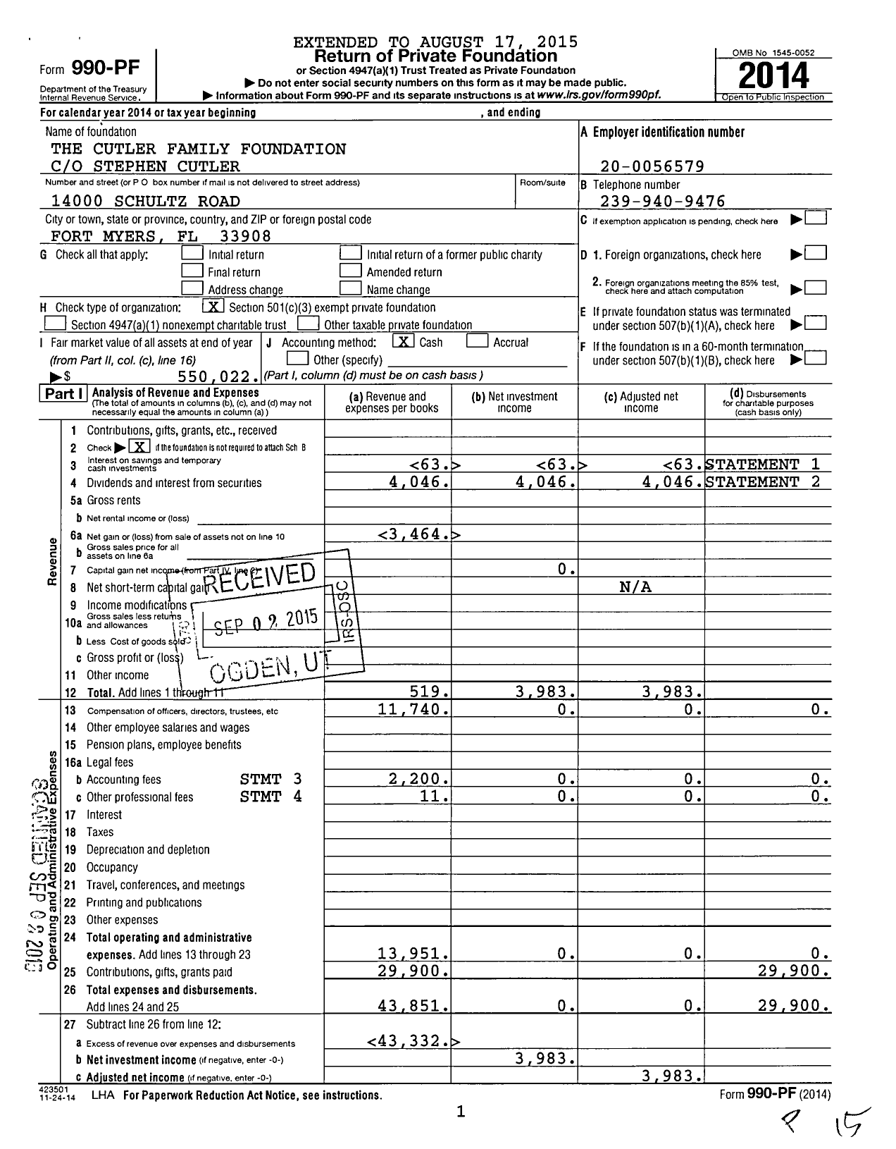 Image of first page of 2014 Form 990PF for Cutler Family Foundation