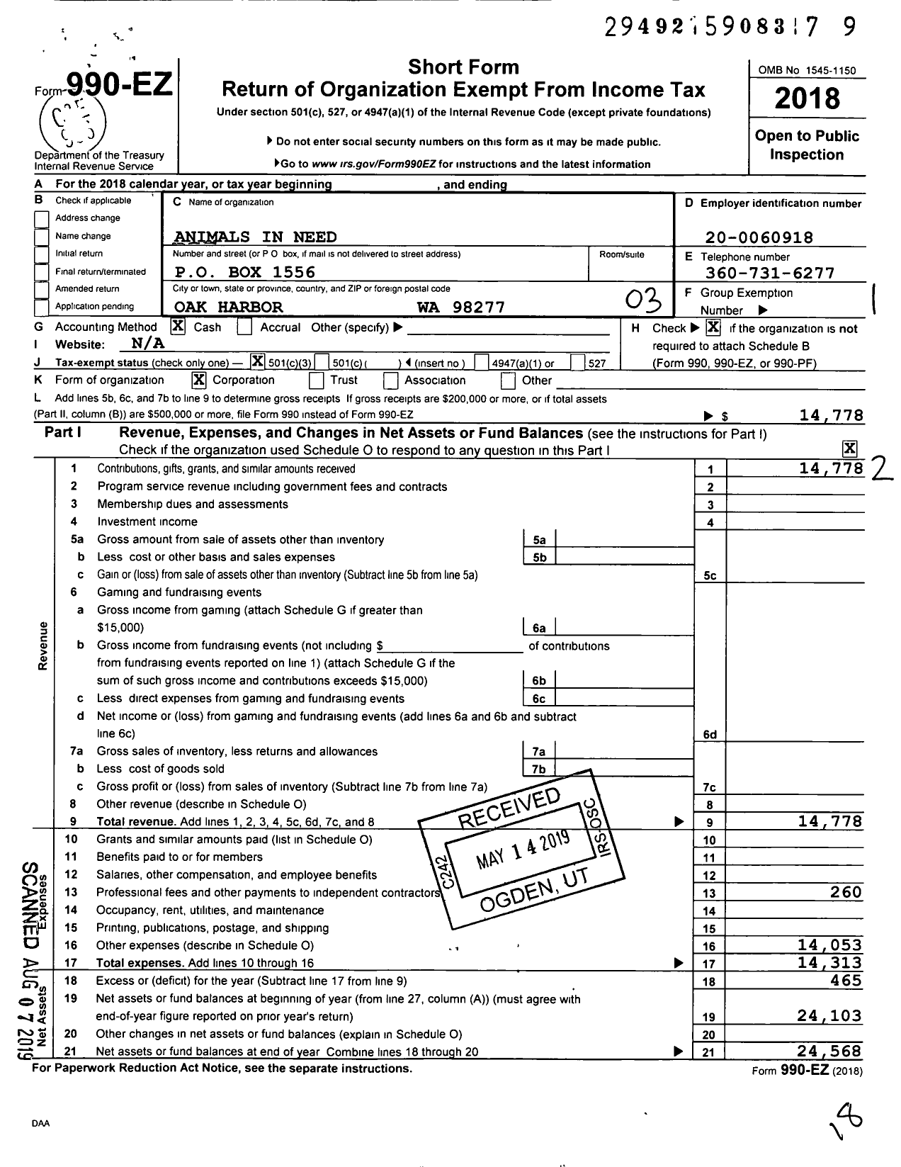 Image of first page of 2018 Form 990EZ for Animals in Need