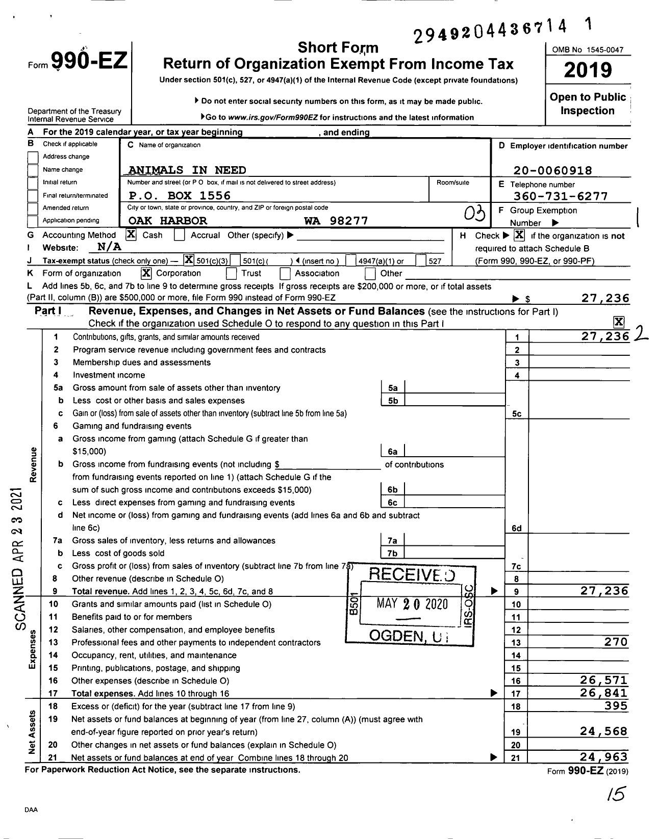 Image of first page of 2019 Form 990EZ for Animals in Need