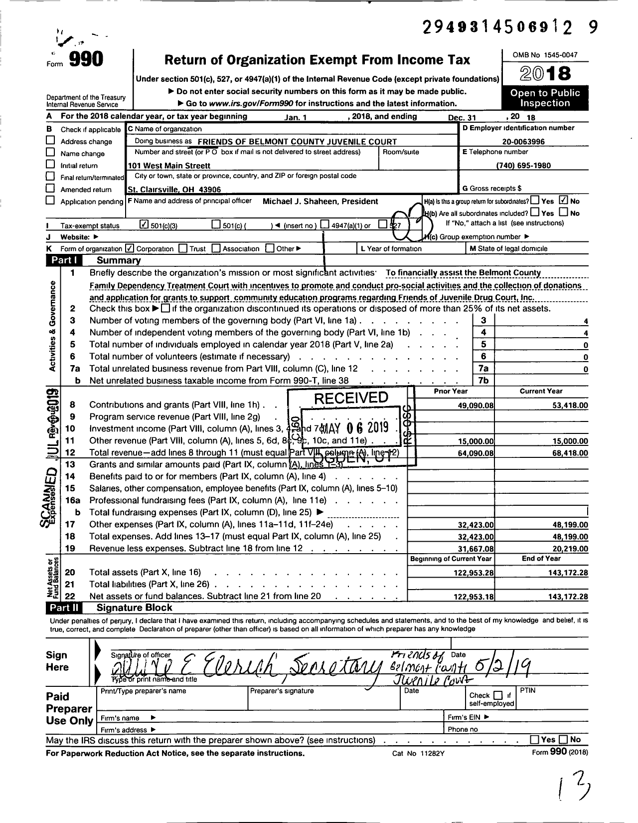 Image of first page of 2018 Form 990 for Friends Of Belmont County Juvenile Court