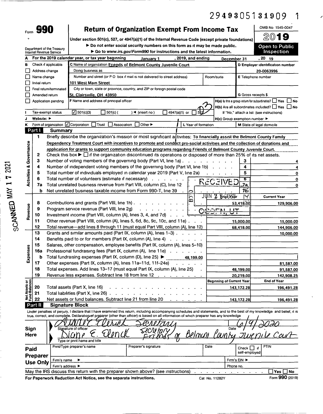 Image of first page of 2019 Form 990 for Friends Of Belmont County Juvenile Court