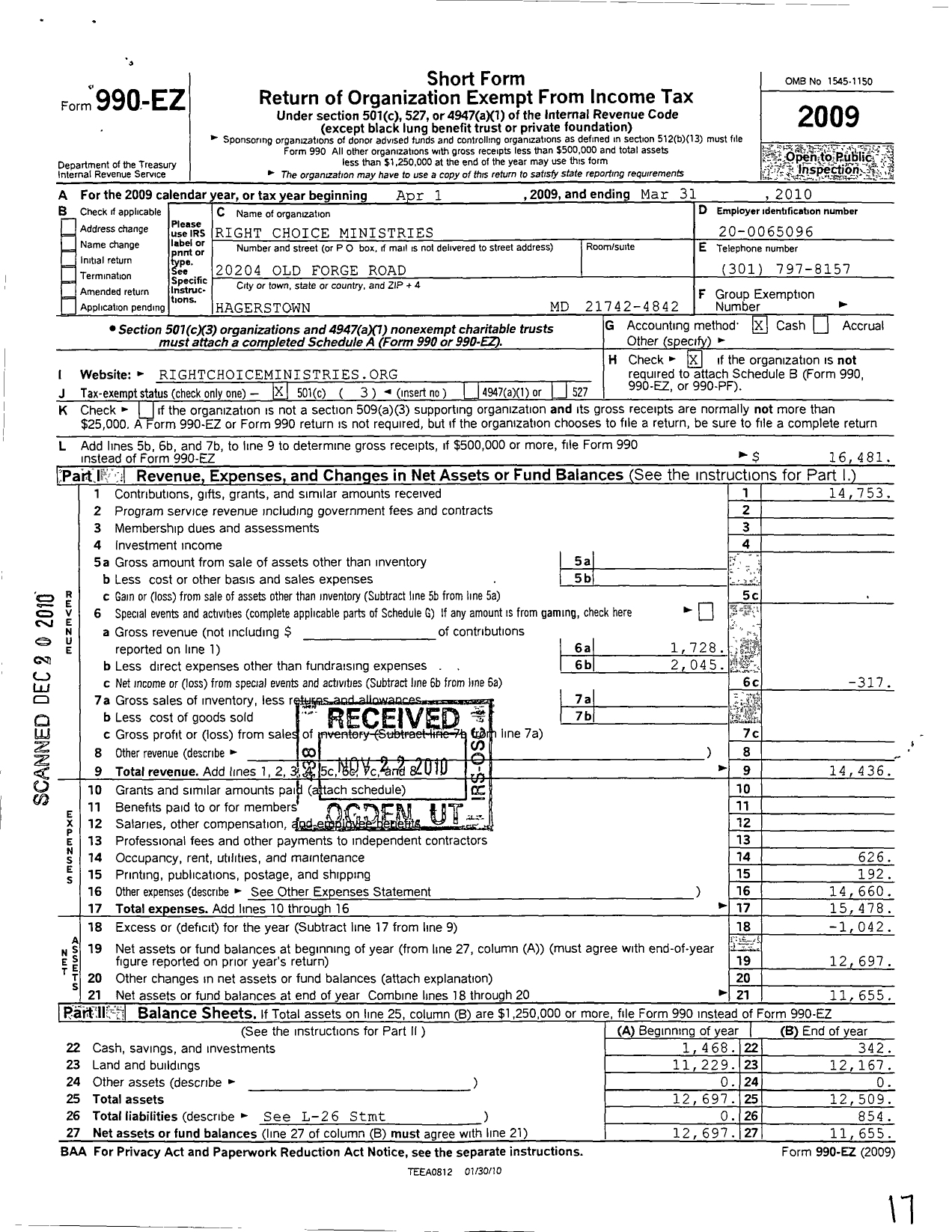Image of first page of 2009 Form 990EZ for Right Choice Ministries