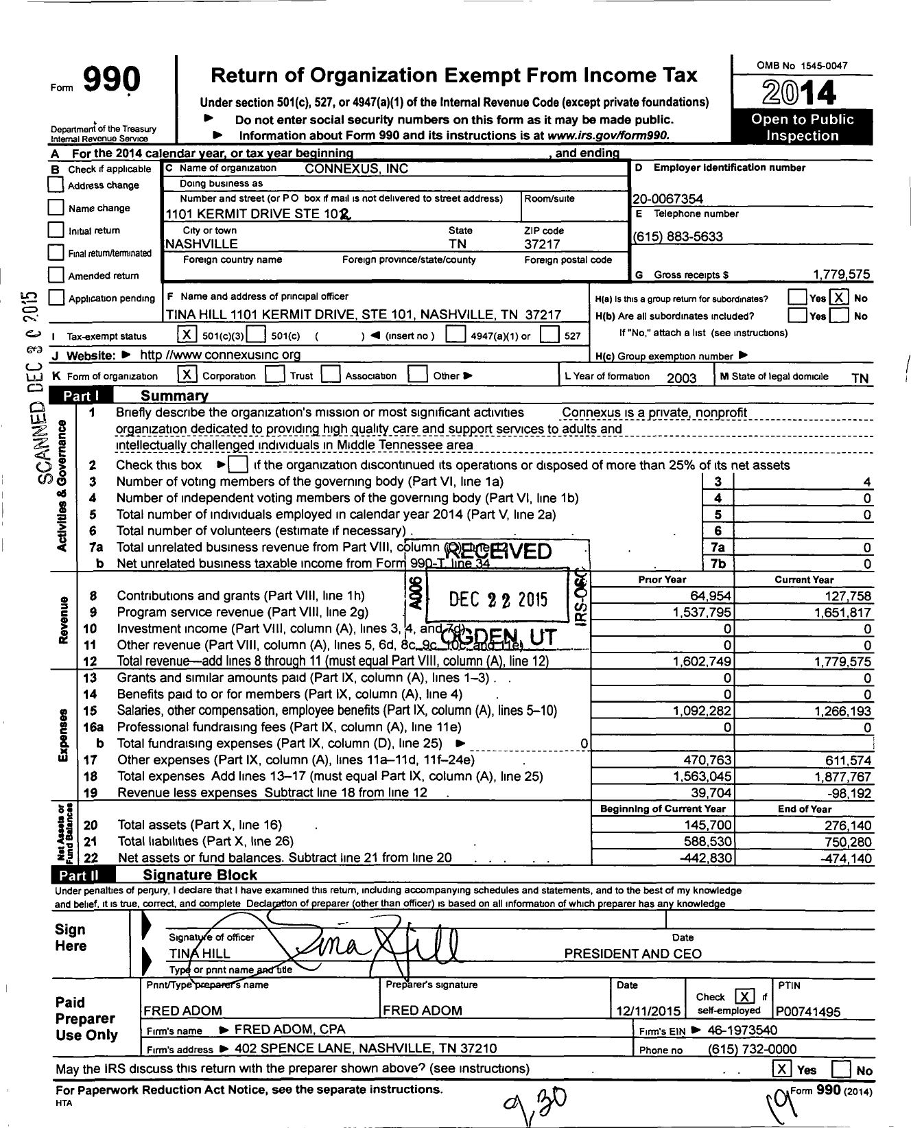 Image of first page of 2014 Form 990 for Connexus