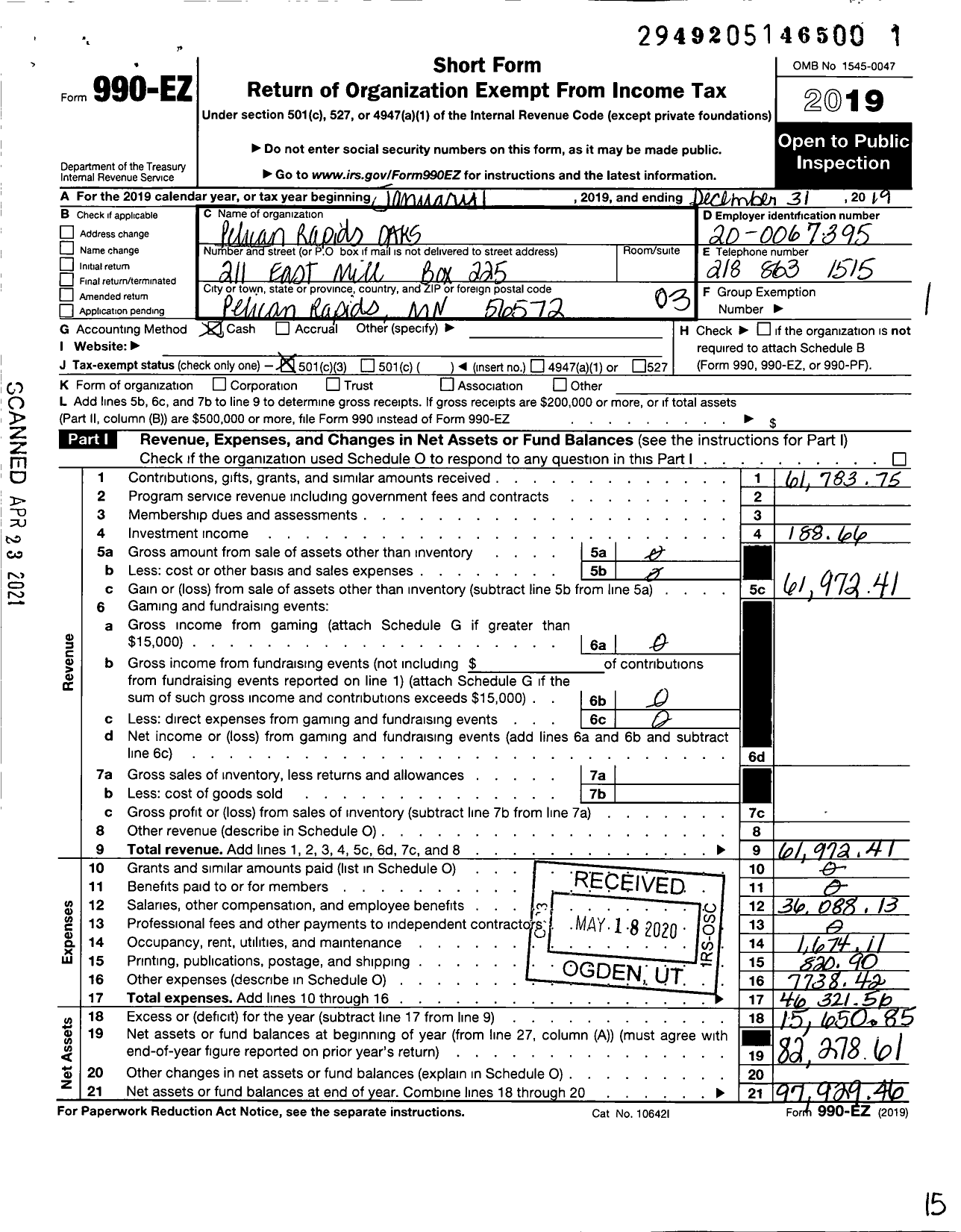 Image of first page of 2019 Form 990EZ for Pelican Rapids Living at Home Block Nurse Program