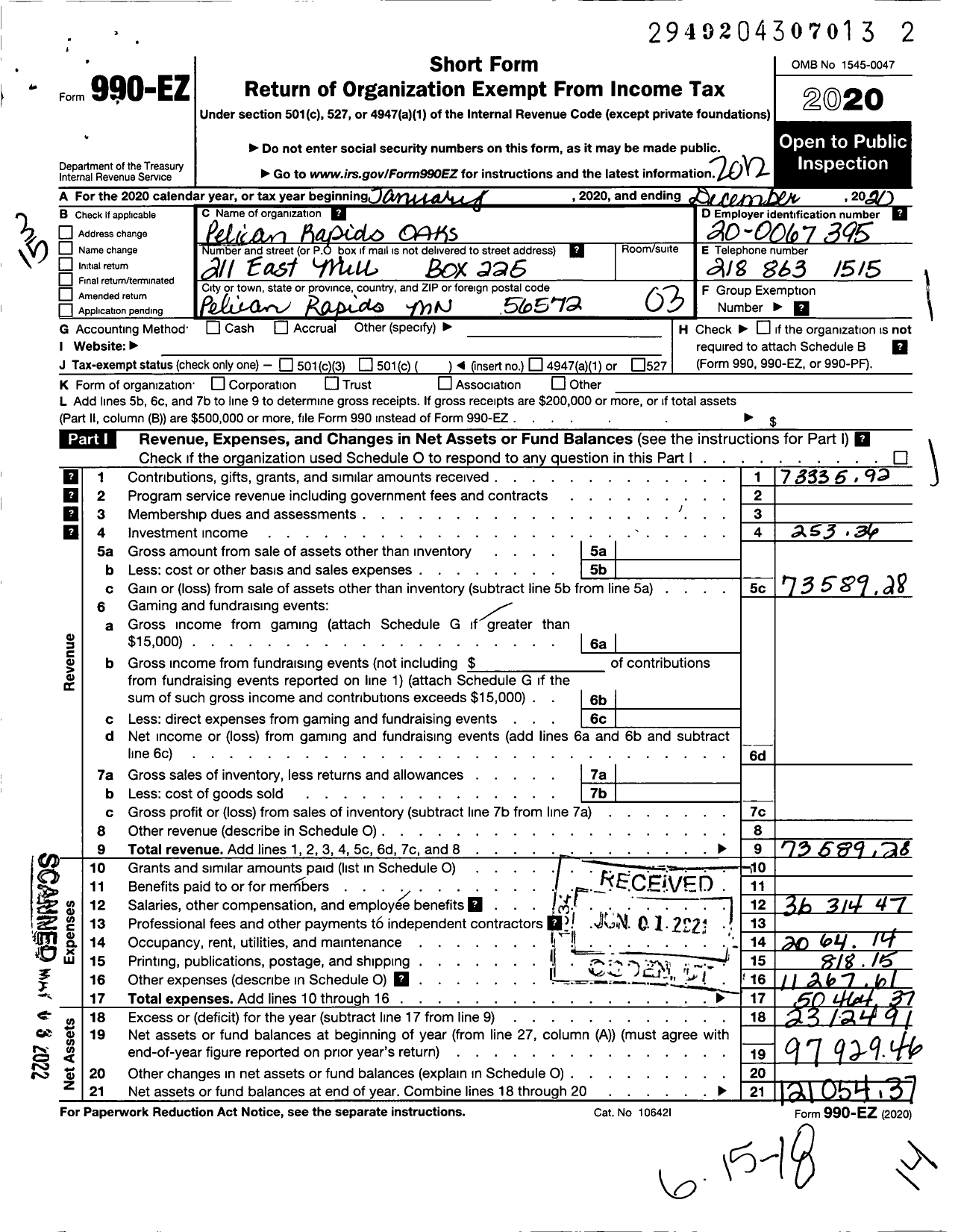 Image of first page of 2020 Form 990EZ for Pelican Rapids Living at Home Block Nurse Program