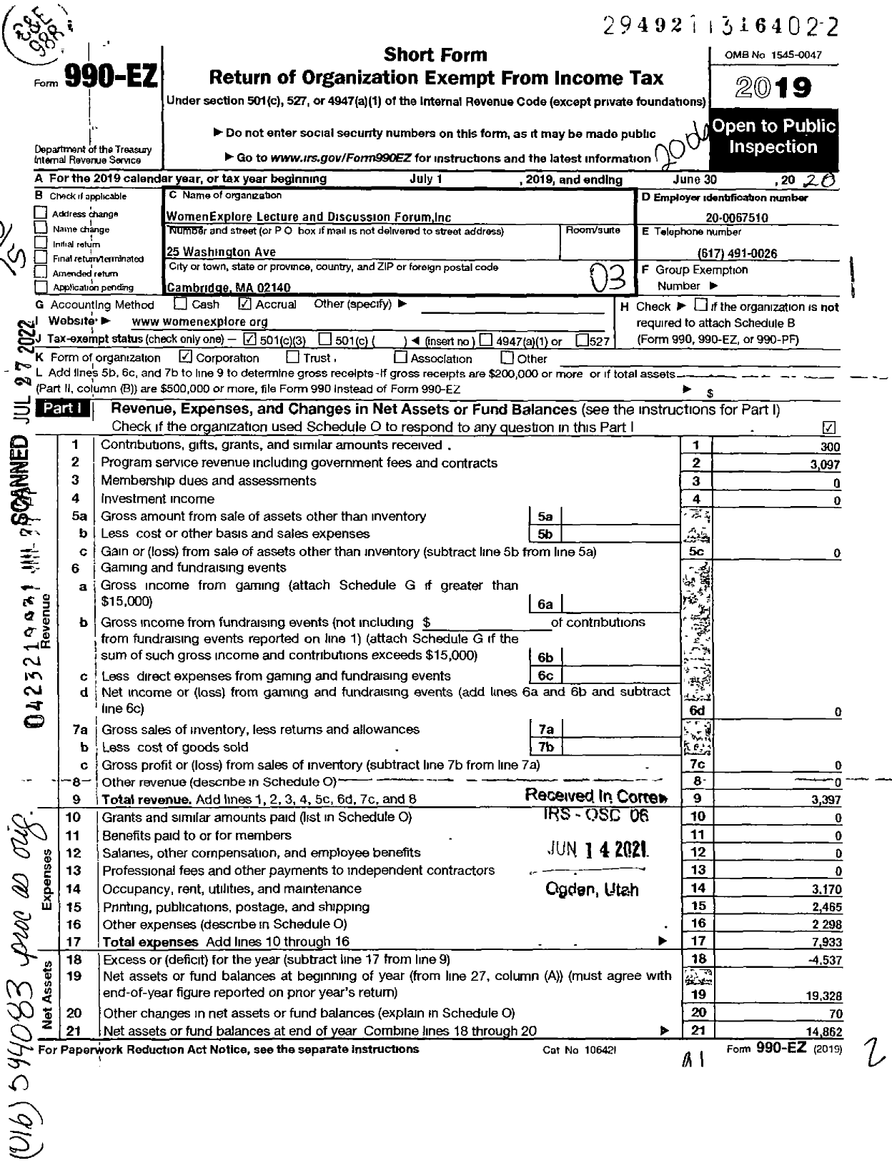 Image of first page of 2019 Form 990EZ for WomenExplore Lecture & Discussion Forum