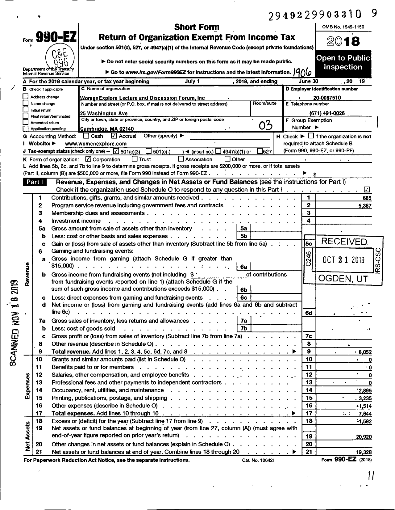 Image of first page of 2018 Form 990EZ for WomenExplore Lecture & Discussion Forum