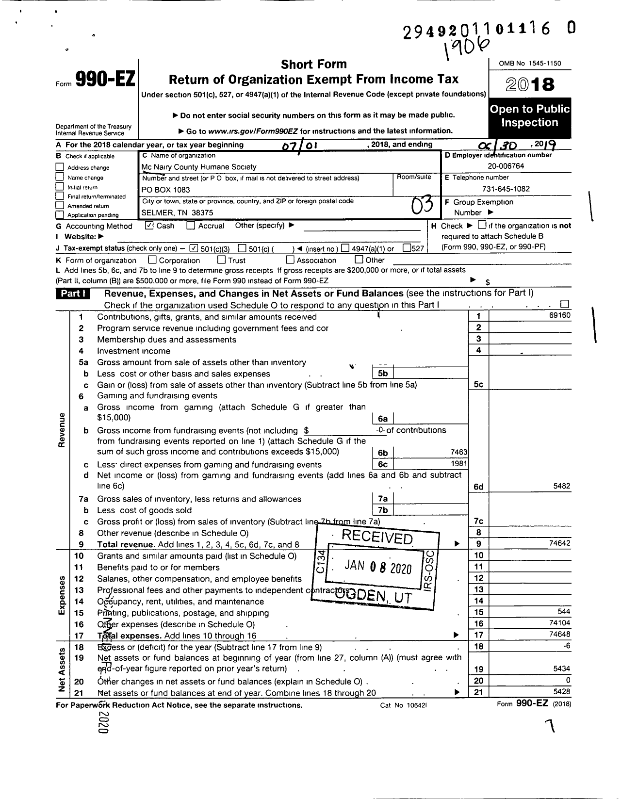 Image of first page of 2018 Form 990EZ for Mcnairy County Humane Society