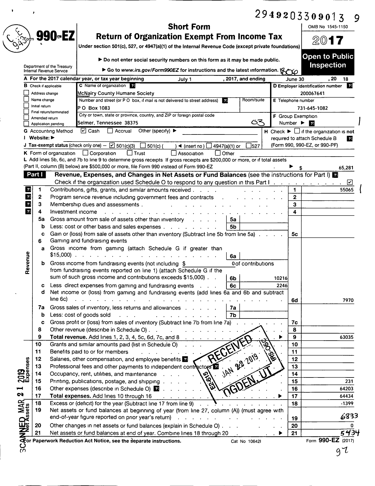 Image of first page of 2017 Form 990EZ for Mcnairy County Humane Society