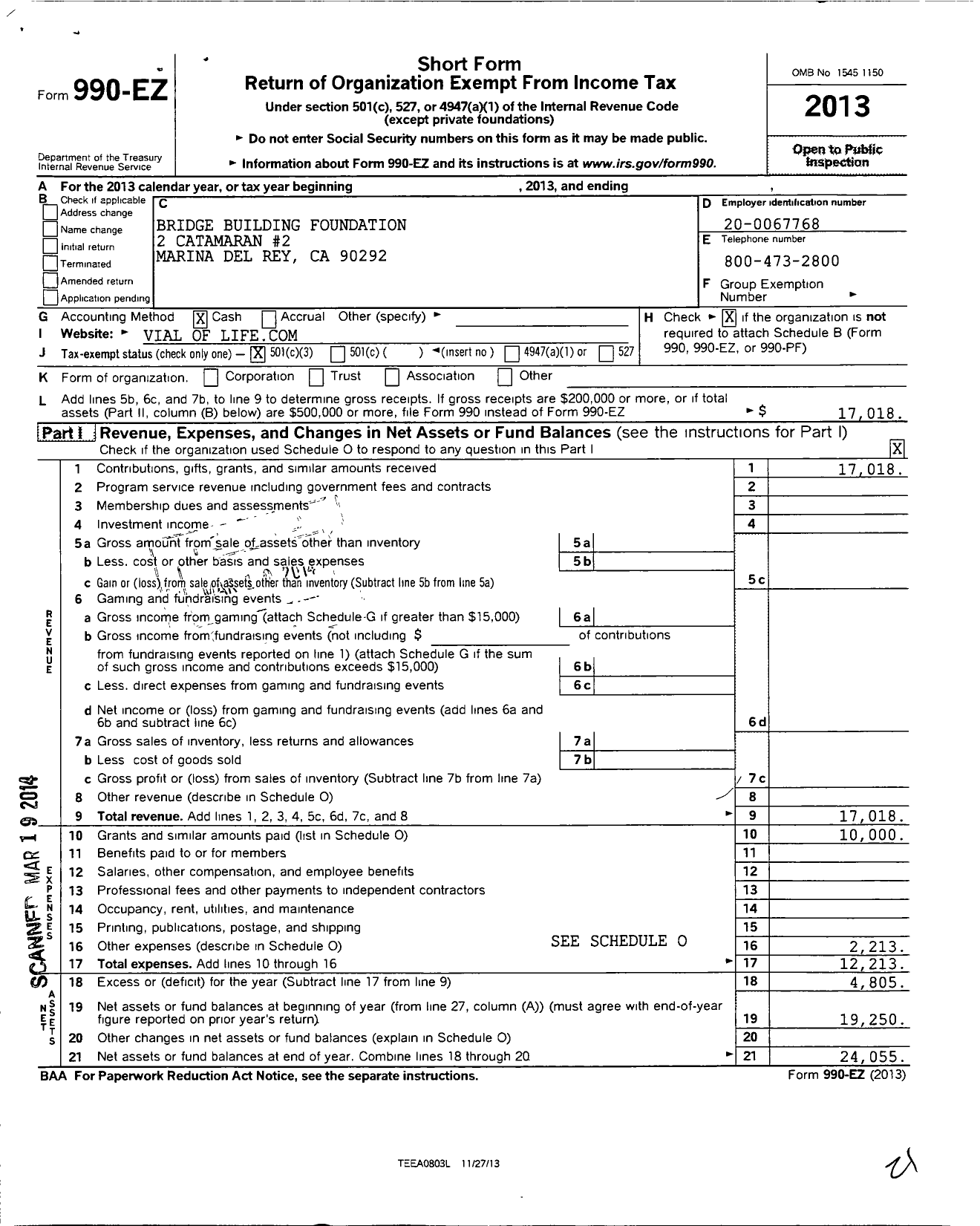 Image of first page of 2013 Form 990EZ for Bridge Building Foundation