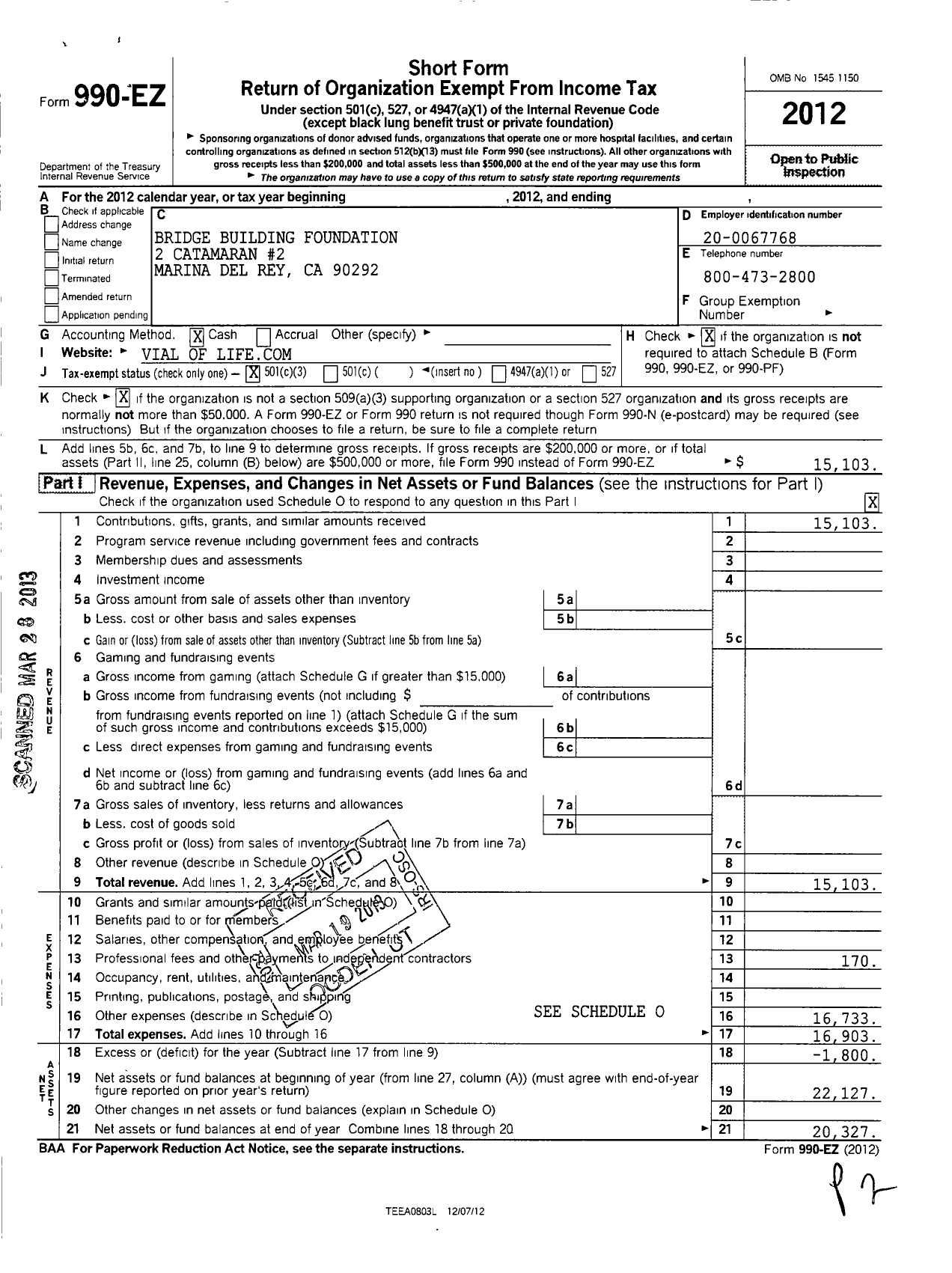 Image of first page of 2012 Form 990EZ for Bridge Building Foundation