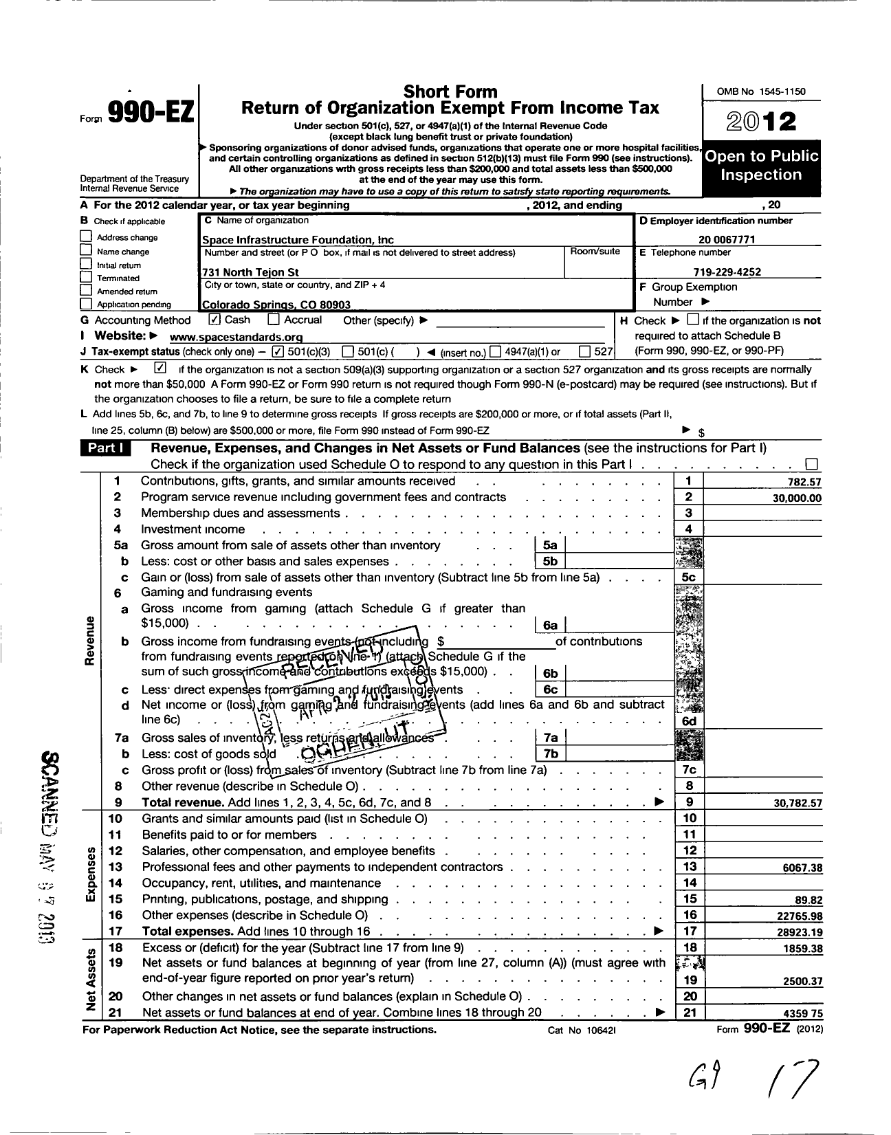 Image of first page of 2012 Form 990EZ for Space Infrastructure Foundation