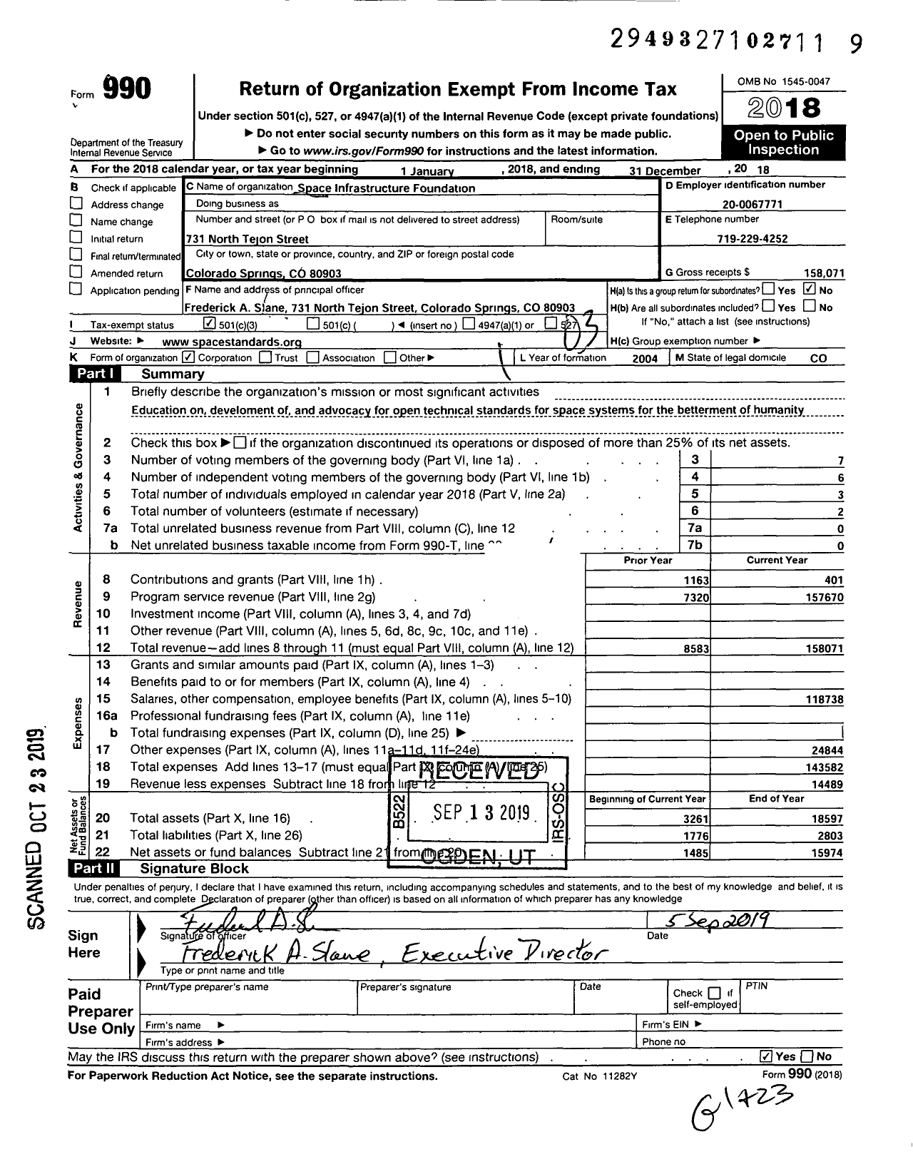 Image of first page of 2018 Form 990 for Space Infrastructure Foundation
