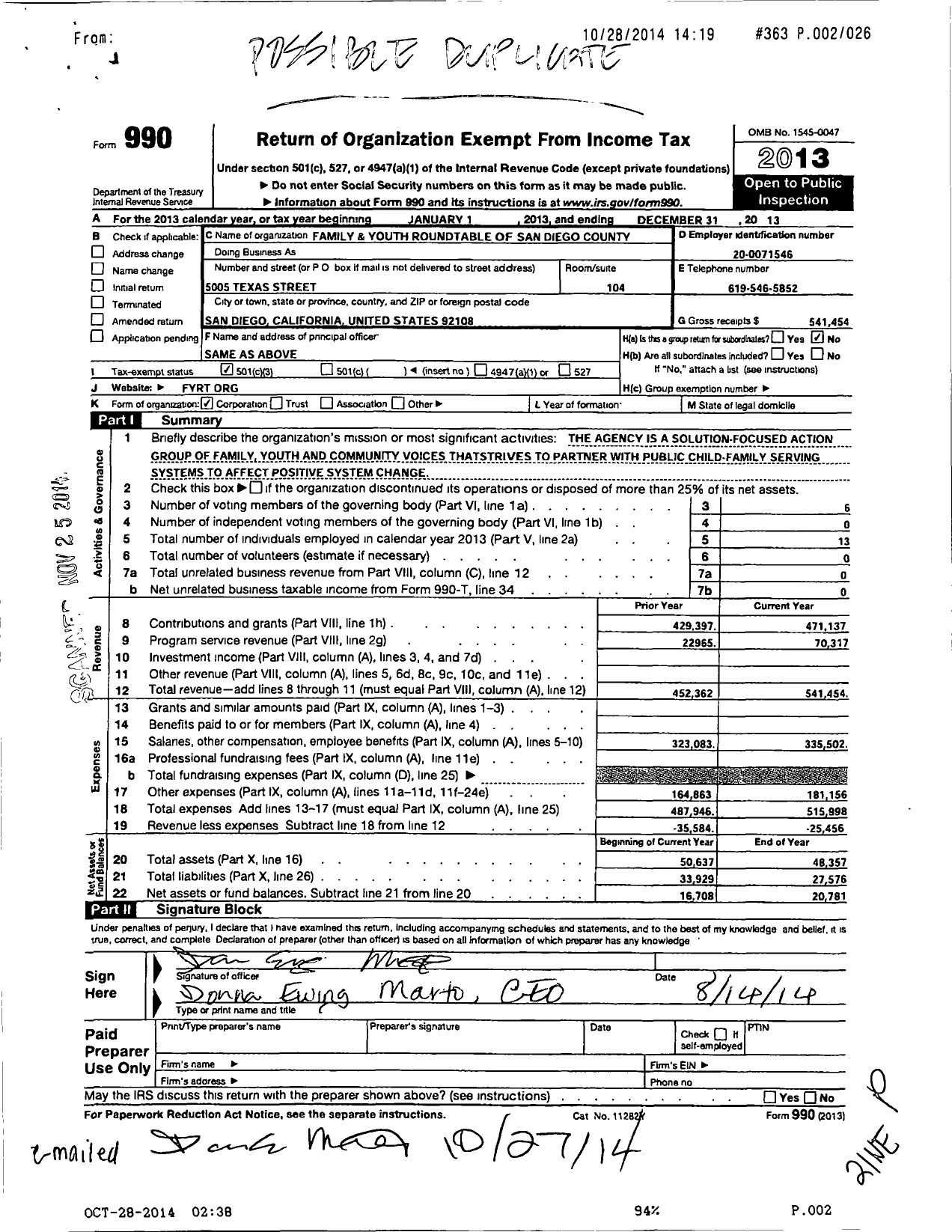 Image of first page of 2013 Form 990 for Family and Youth Roundtable of San Diego County