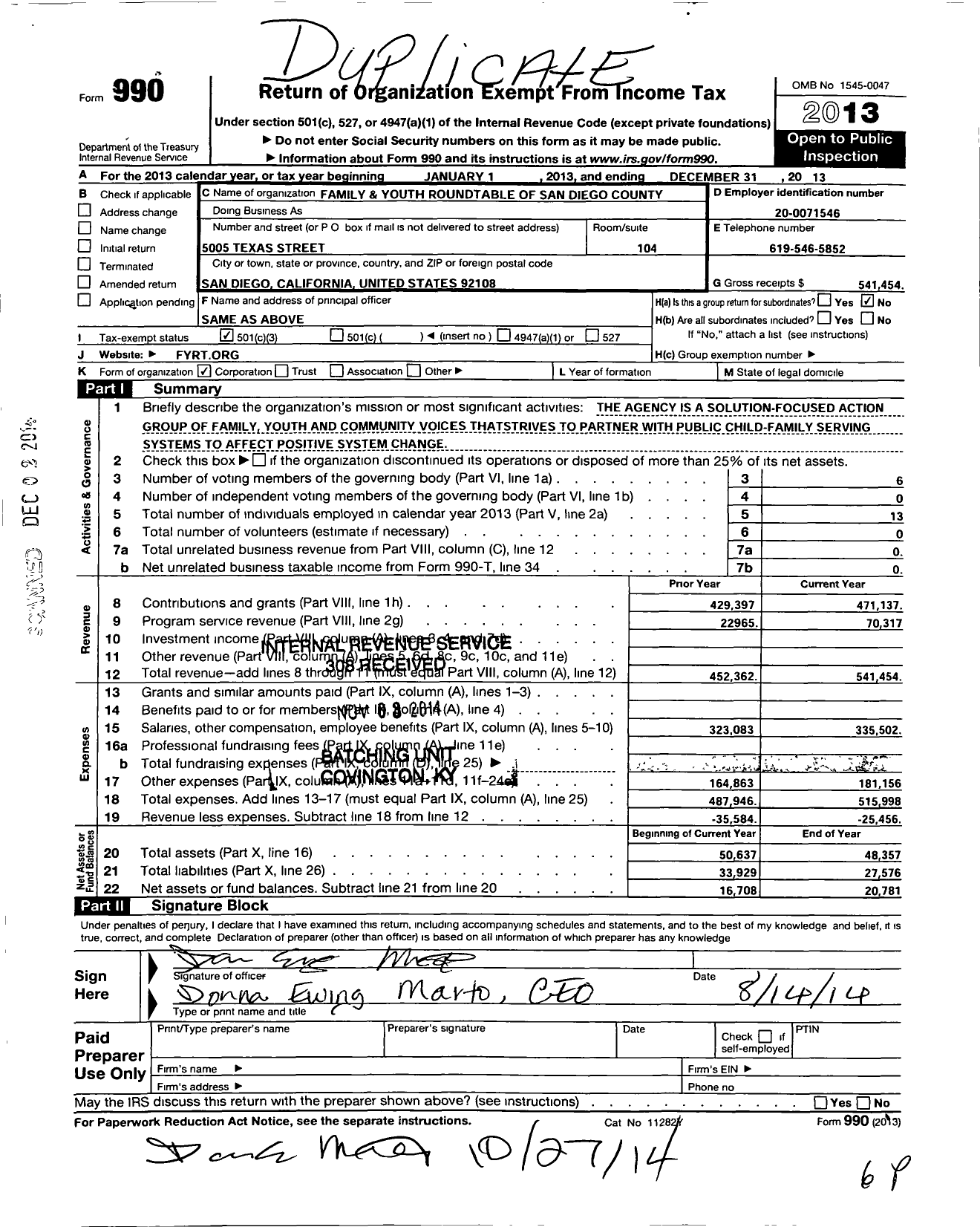 Image of first page of 2013 Form 990 for Family and Youth Roundtable of San Diego County
