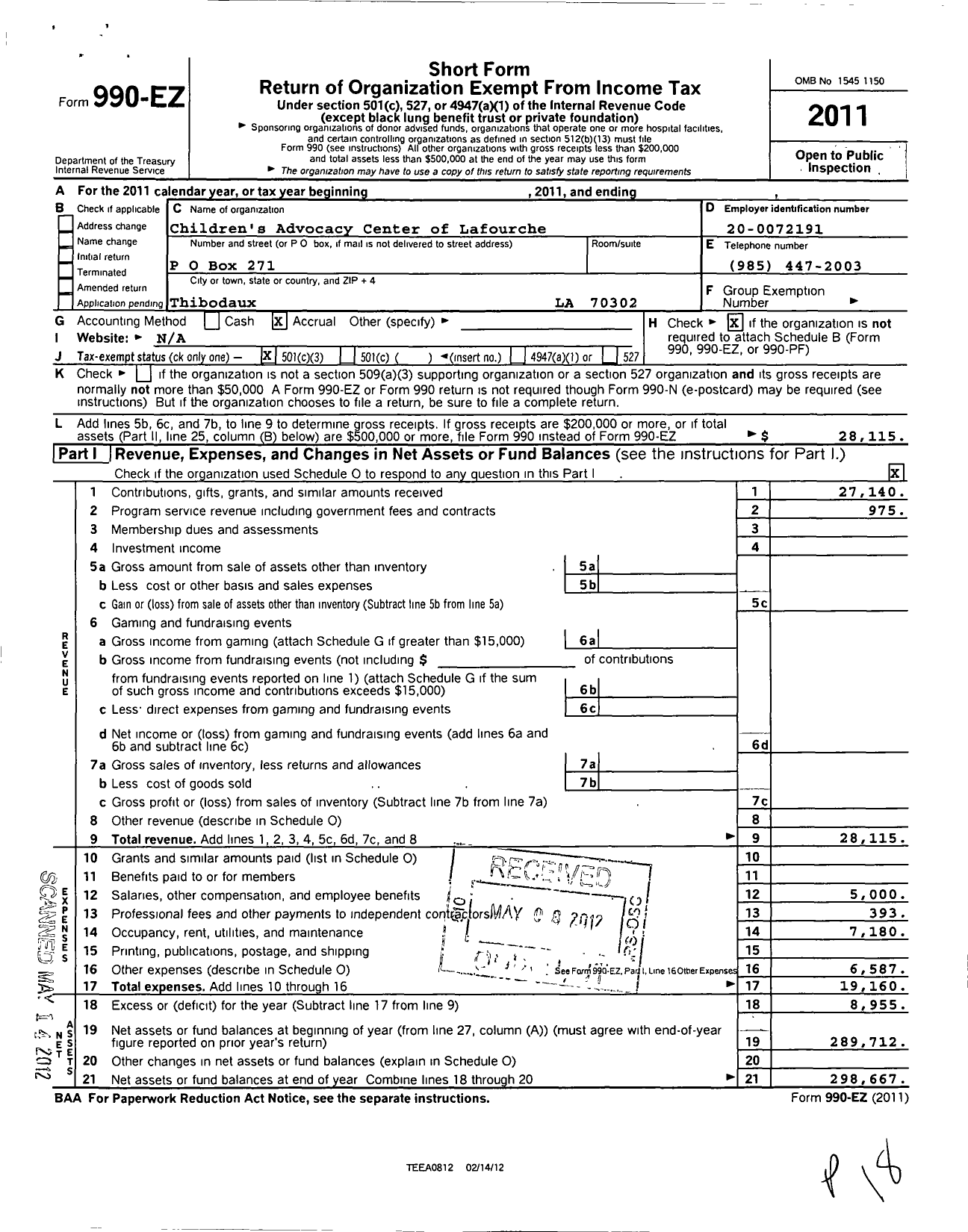 Image of first page of 2011 Form 990EZ for Childrens Advocacy Center of Lafourche
