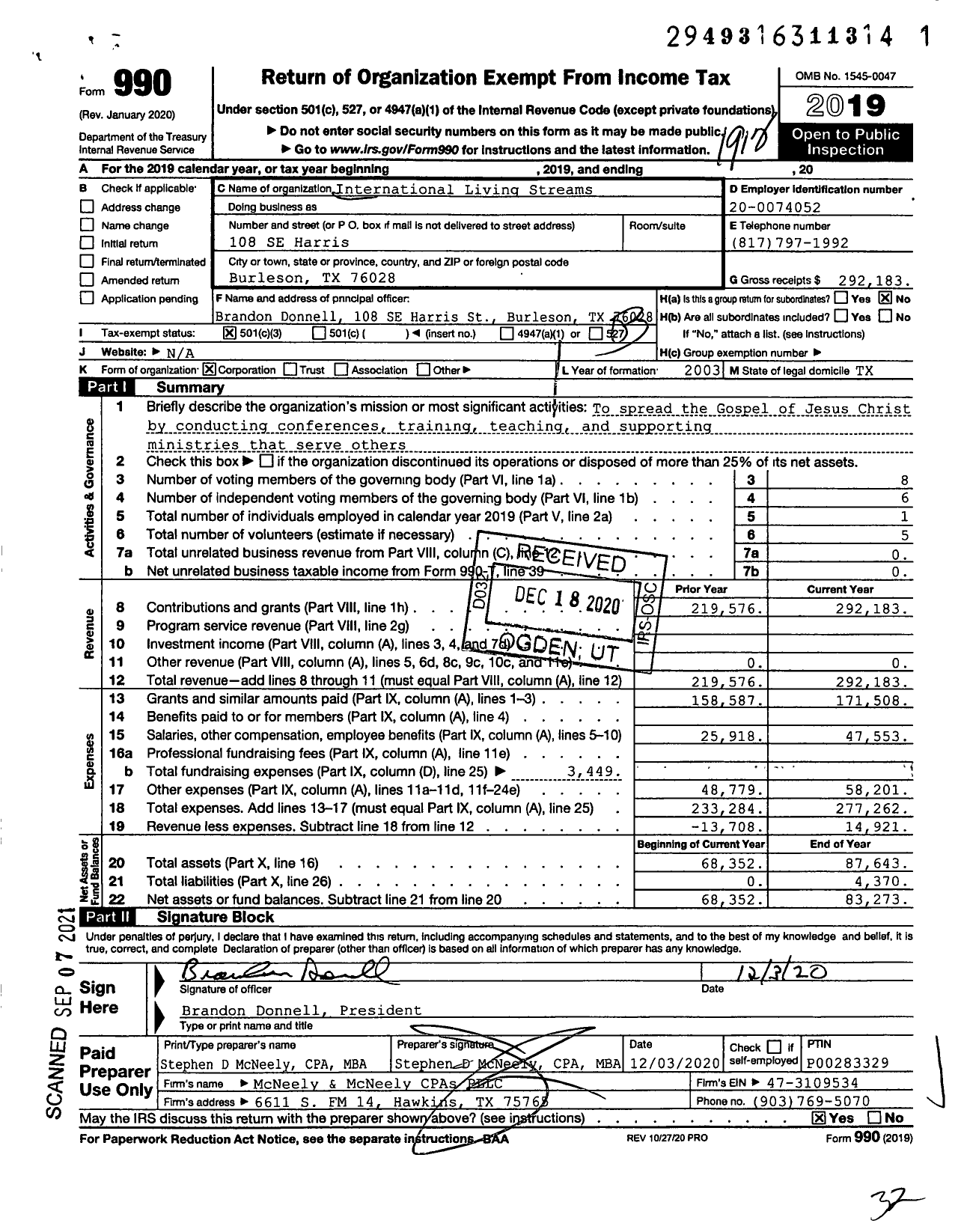 Image of first page of 2019 Form 990 for International Living Streams