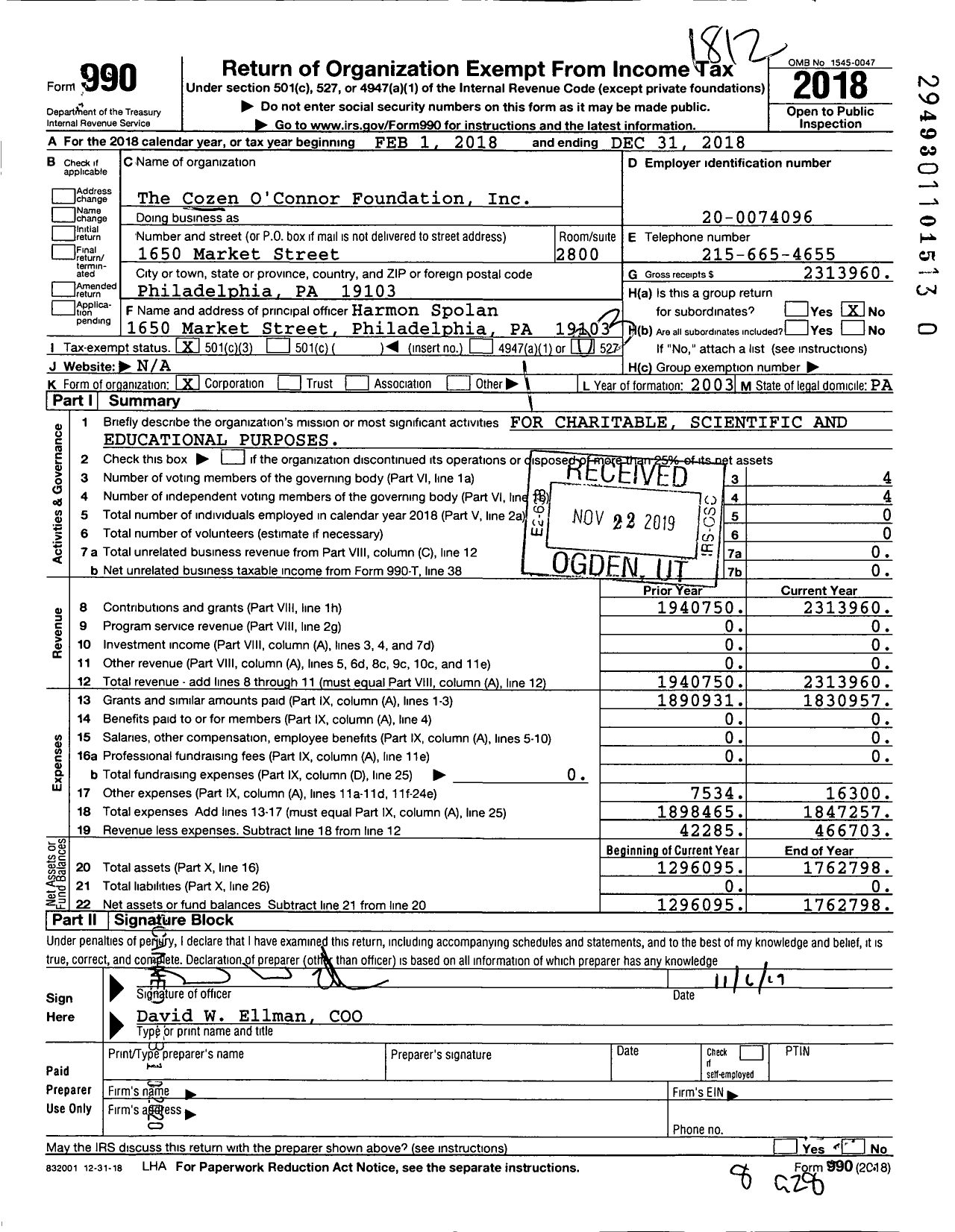 Image of first page of 2018 Form 990 for The Cozen O'Connor Foundation