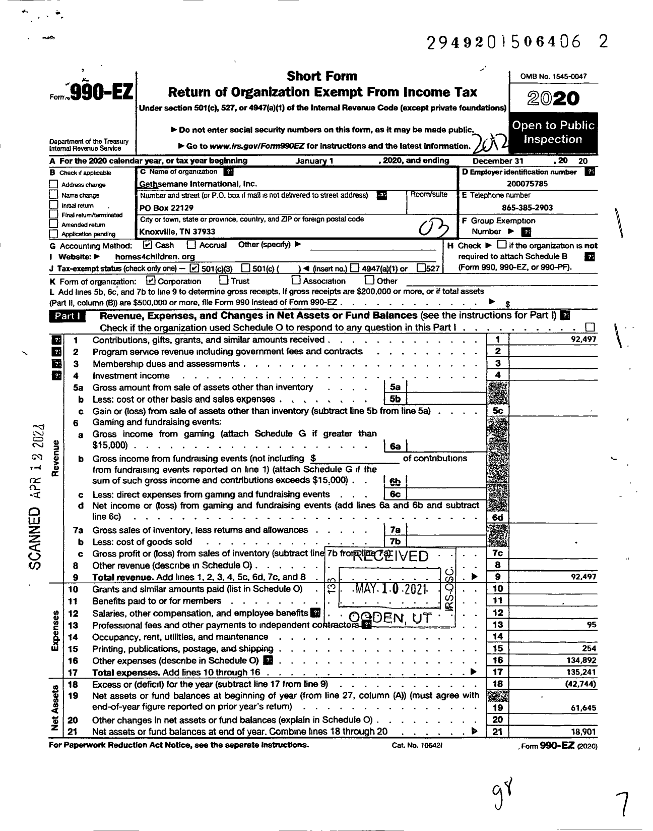 Image of first page of 2020 Form 990EZ for Gethsemane International