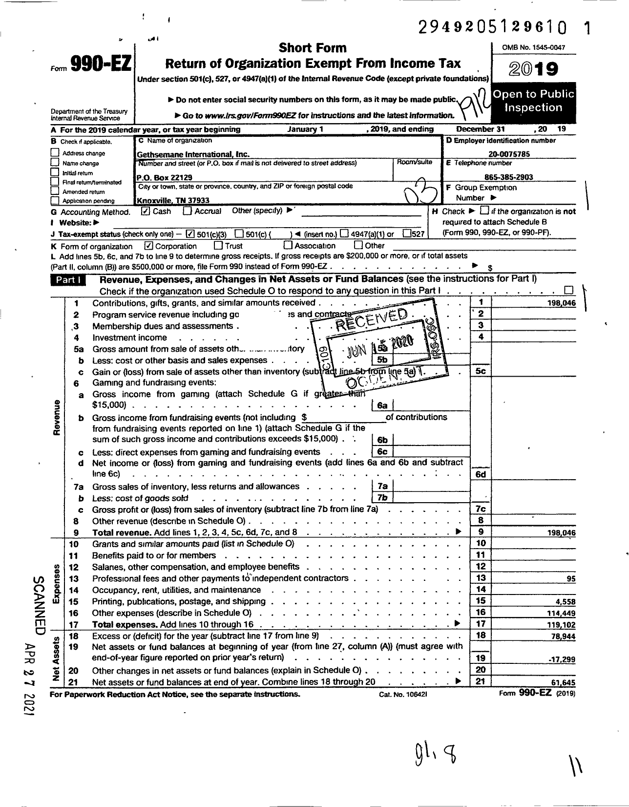 Image of first page of 2019 Form 990EZ for Gethsemane International