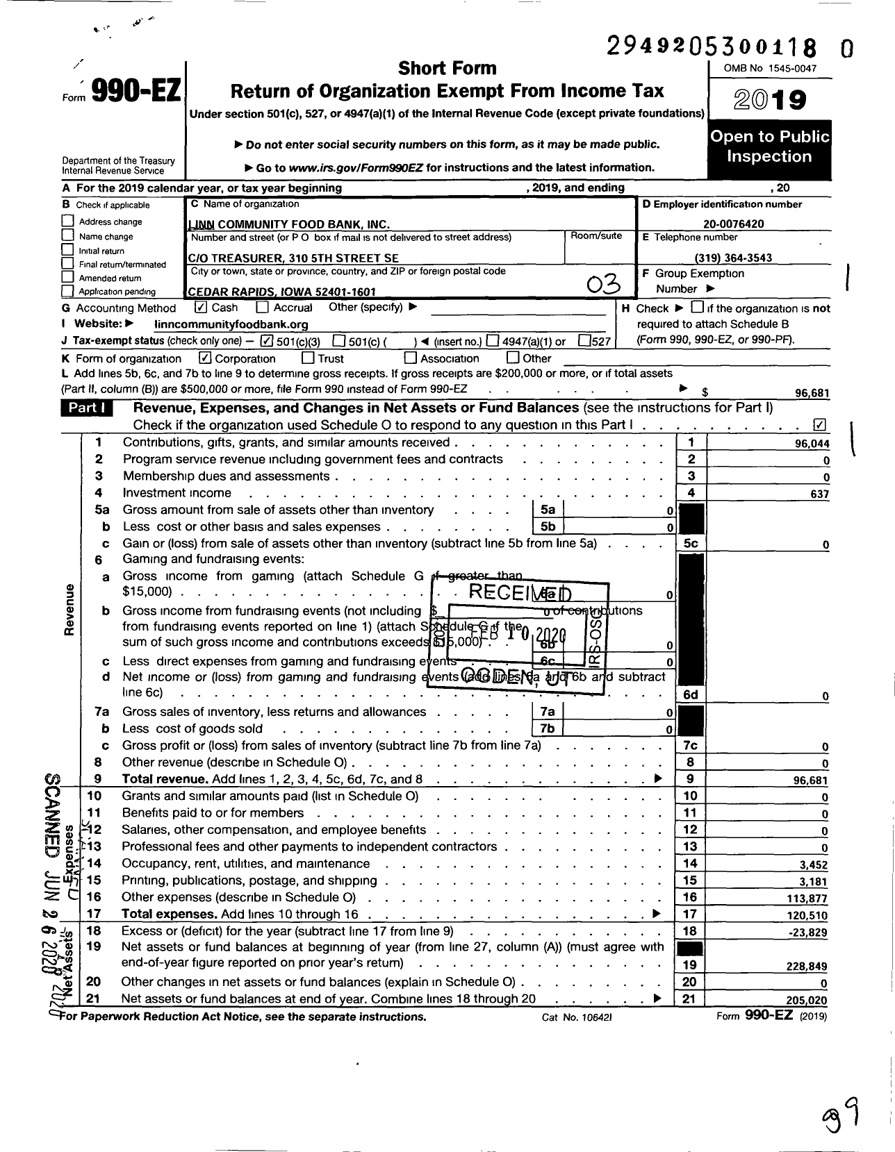 Image of first page of 2019 Form 990EZ for Linn Community Food Bank