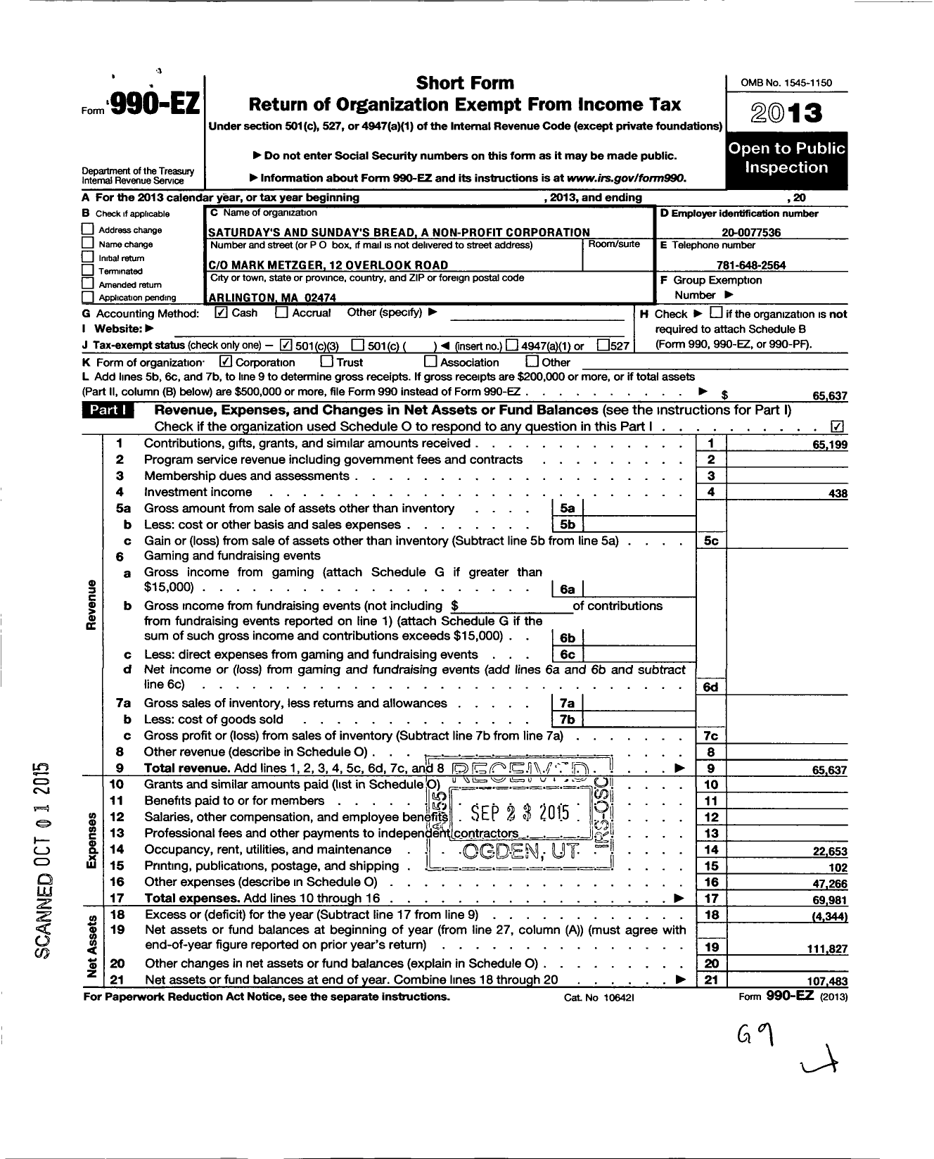 Image of first page of 2013 Form 990EZ for Saturday's and Sunday's Bread A Non-Profit Corporation