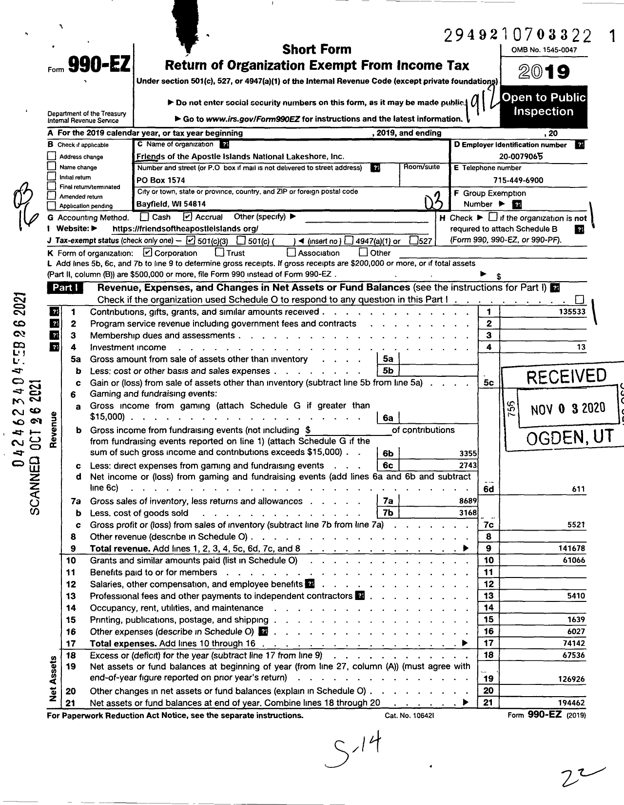 Image of first page of 2019 Form 990EZ for Friends of the Apostle Islands National Lakeshore