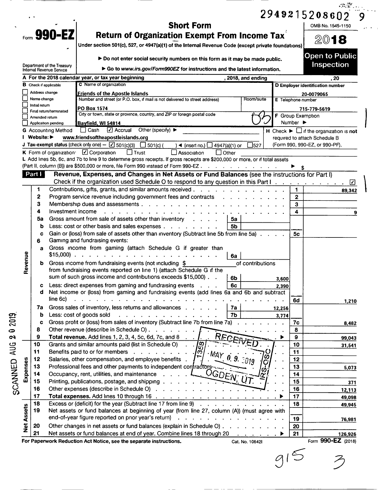 Image of first page of 2018 Form 990EZ for Friends of the Apostle Islands National Lakeshore