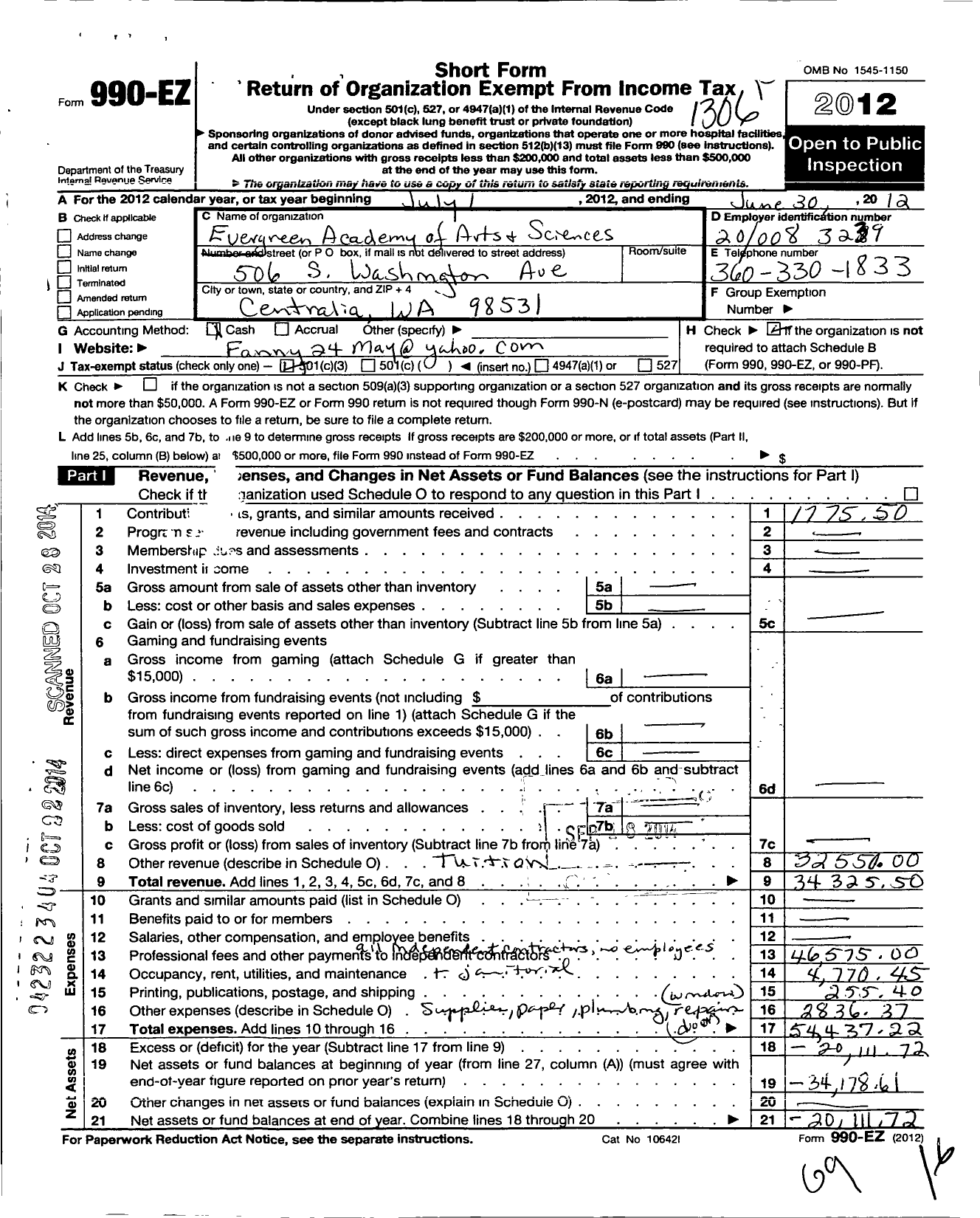 Image of first page of 2011 Form 990EZ for Evergreen Academy of Arts and Science