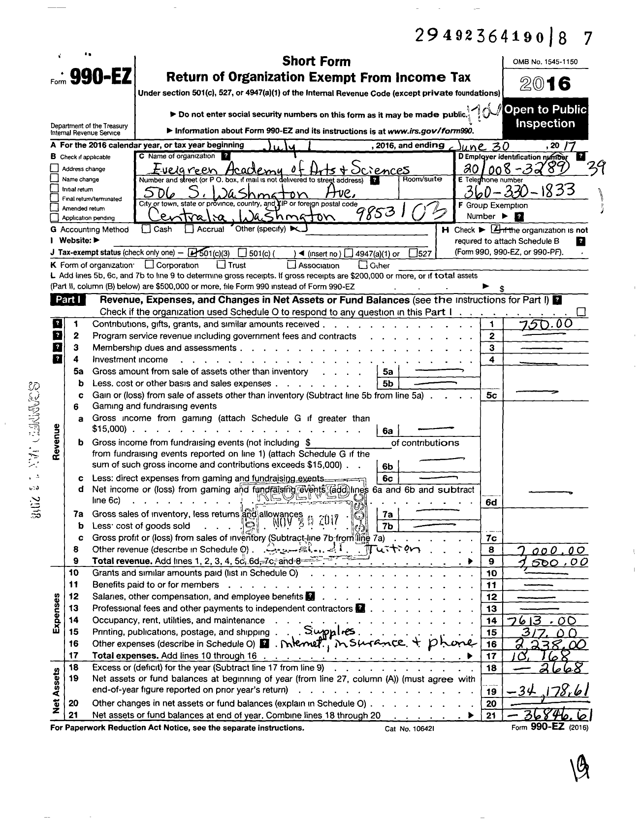 Image of first page of 2016 Form 990EZ for Evergreen Academy of Arts and Science