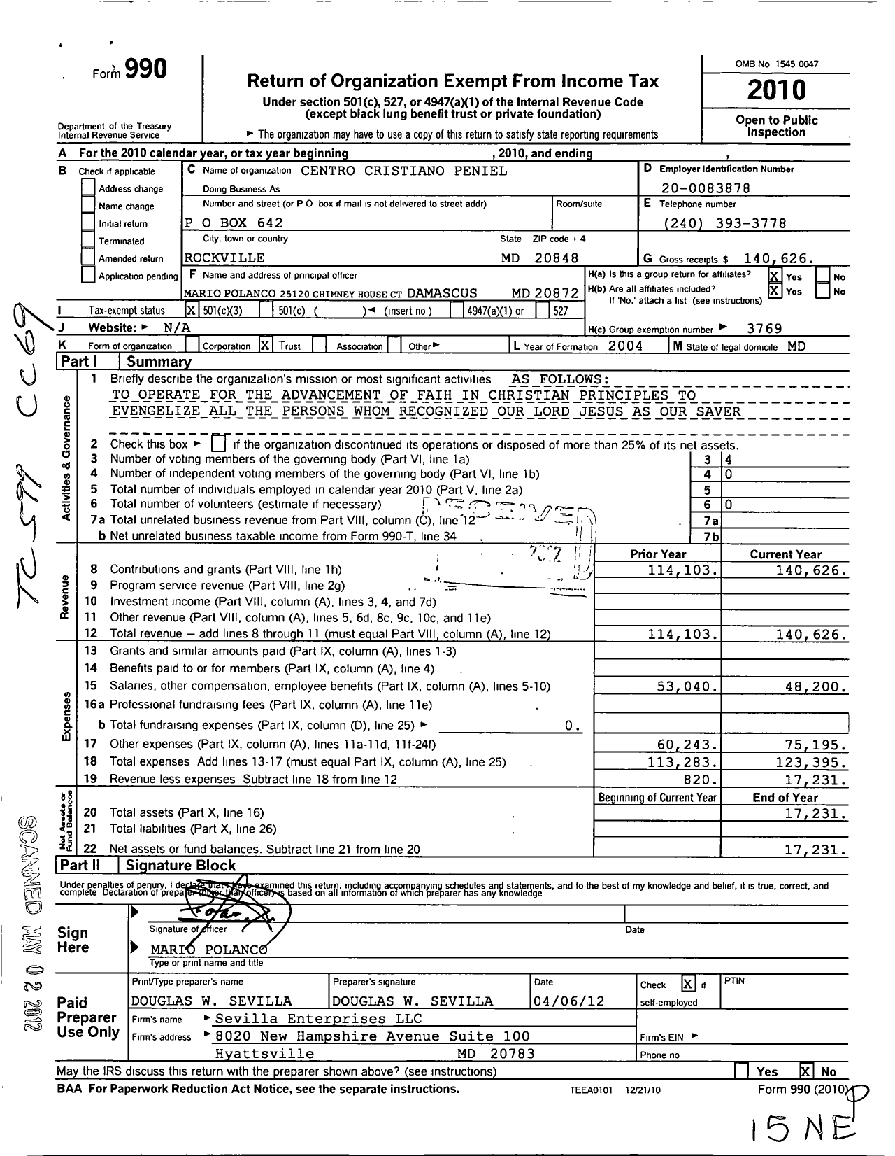 Image of first page of 2010 Form 990 for Centro Cristiano Peniel