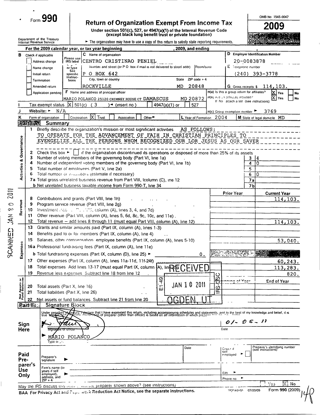 Image of first page of 2009 Form 990 for Centro Cristiano Peniel