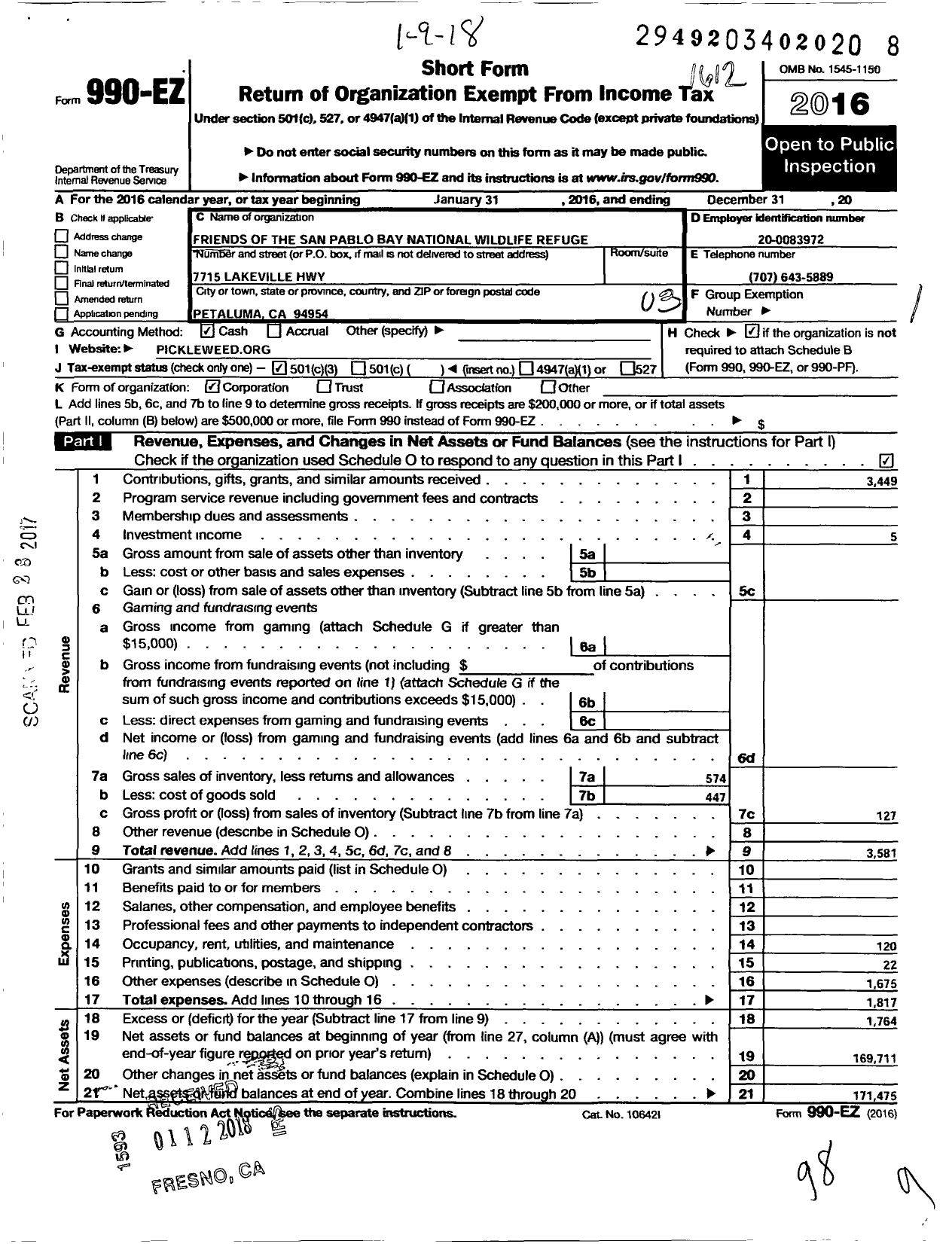 Image of first page of 2016 Form 990EZ for Friends of the San Pablo Bay National Wildlife Refuge