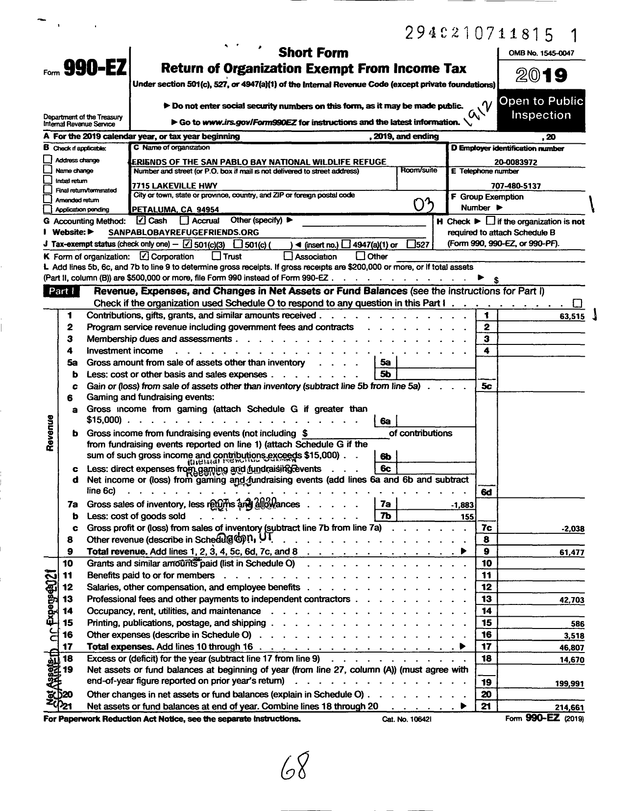 Image of first page of 2019 Form 990EZ for Friends of the San Pablo Bay National Wildlife Refuge