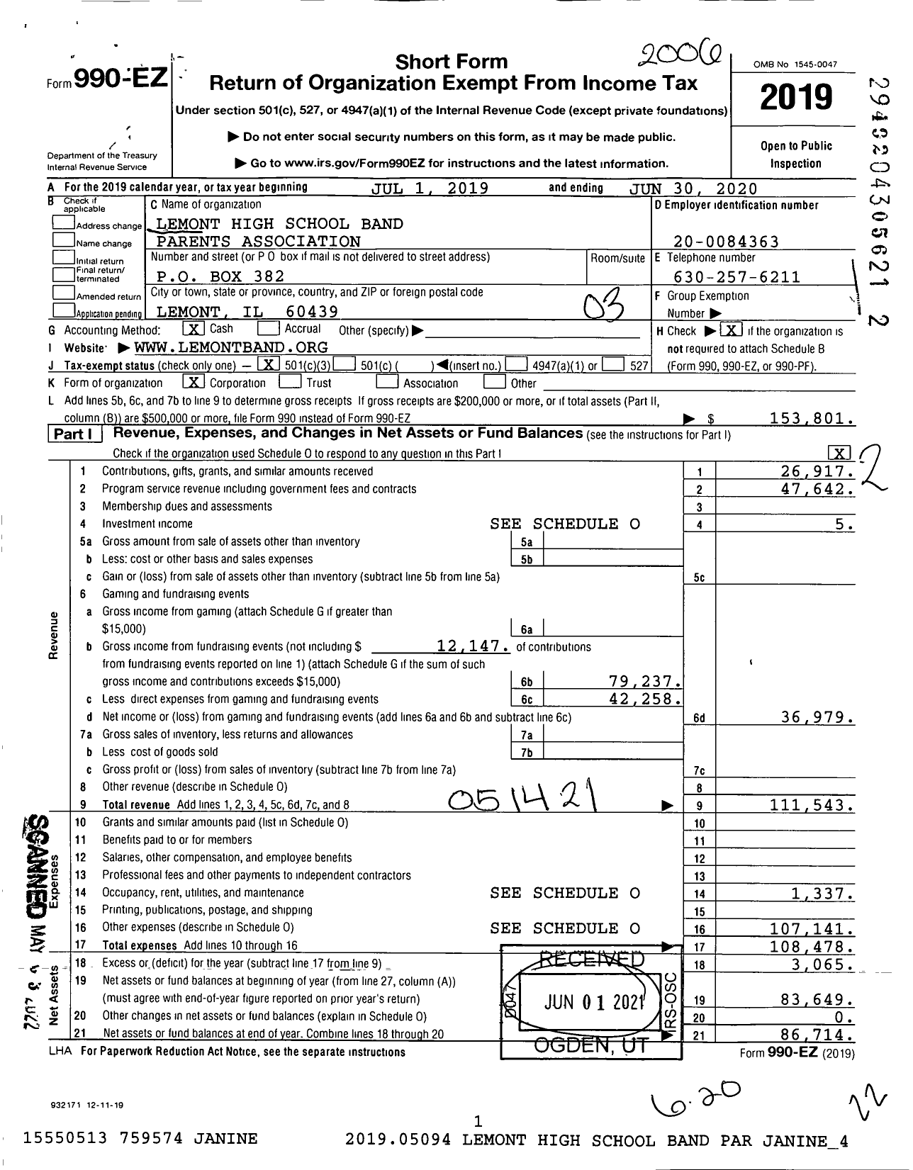 Image of first page of 2019 Form 990EZ for Lemont High School Band Parents Association