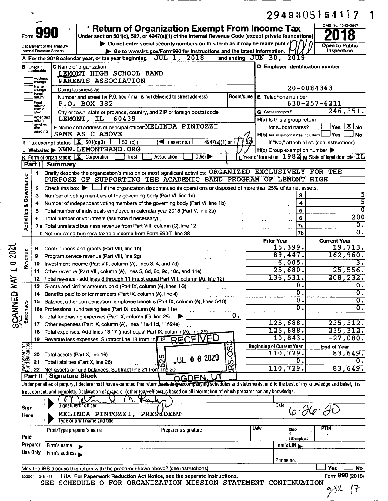 Image of first page of 2018 Form 990 for Lemont High School Band Parents Association