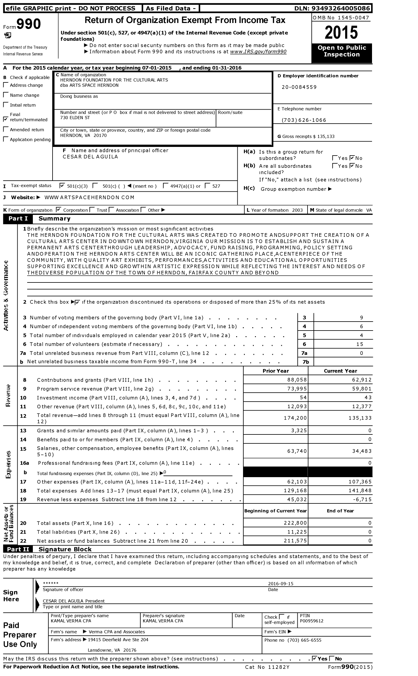 Image of first page of 2015 Form 990 for Arts Space Herndon