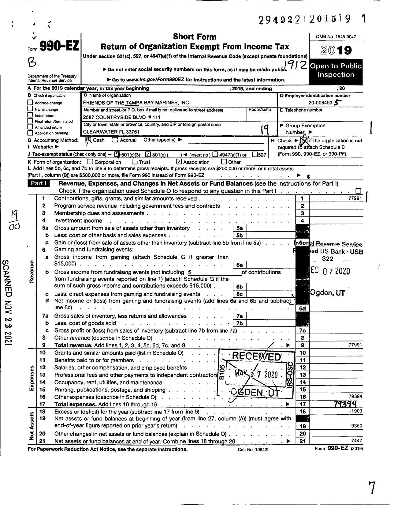 Image of first page of 2019 Form 990EO for Friends of Tampa Bay Marines