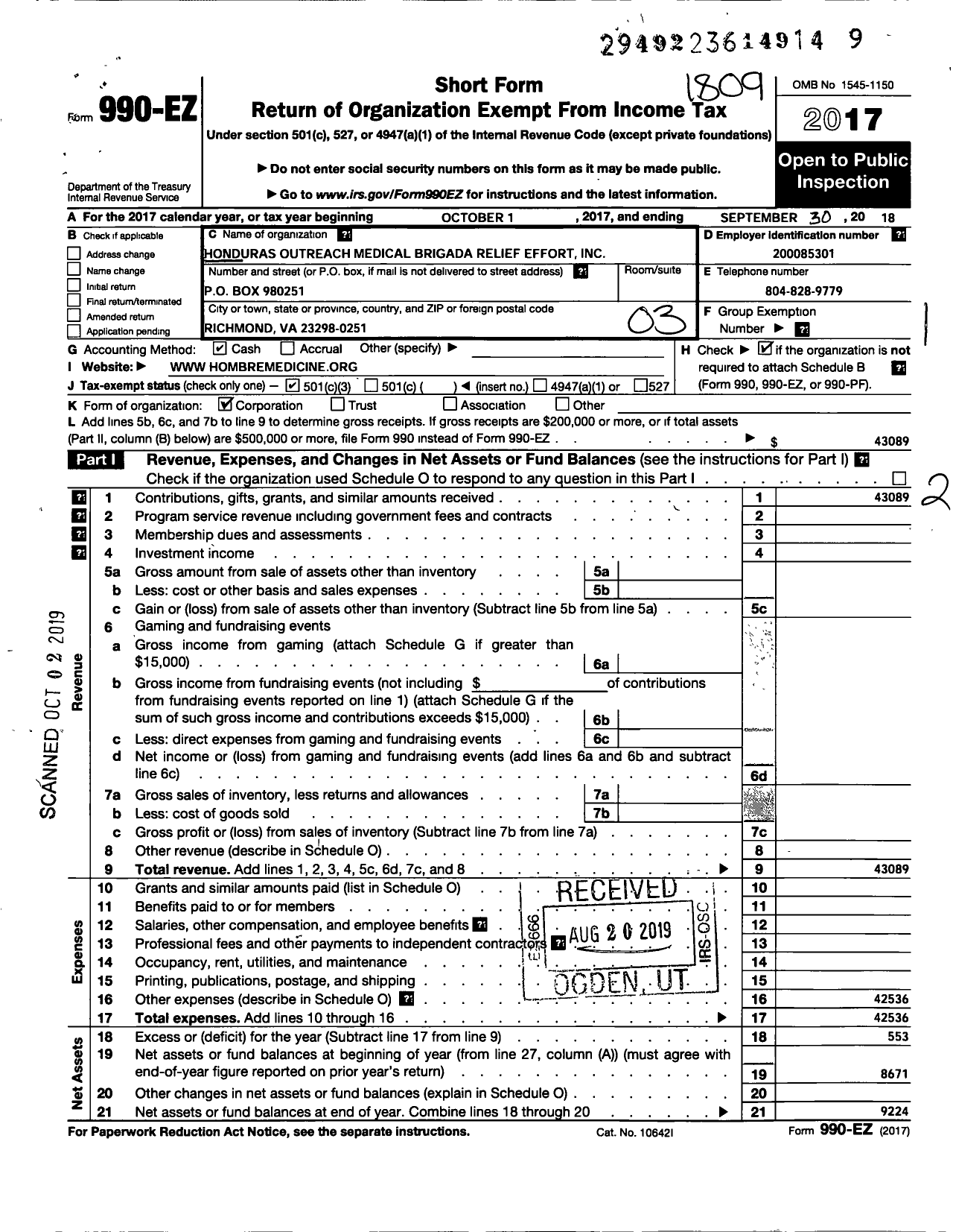 Image of first page of 2017 Form 990EZ for Honduras Outreach Medical Brigada Relief Effort