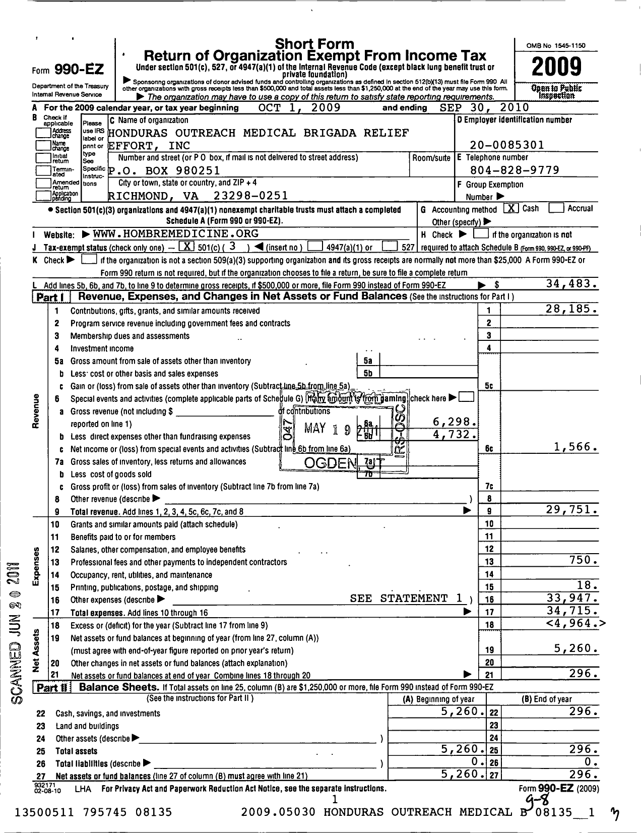 Image of first page of 2009 Form 990EZ for Honduras Outreach Medical Brigada Relief Effort