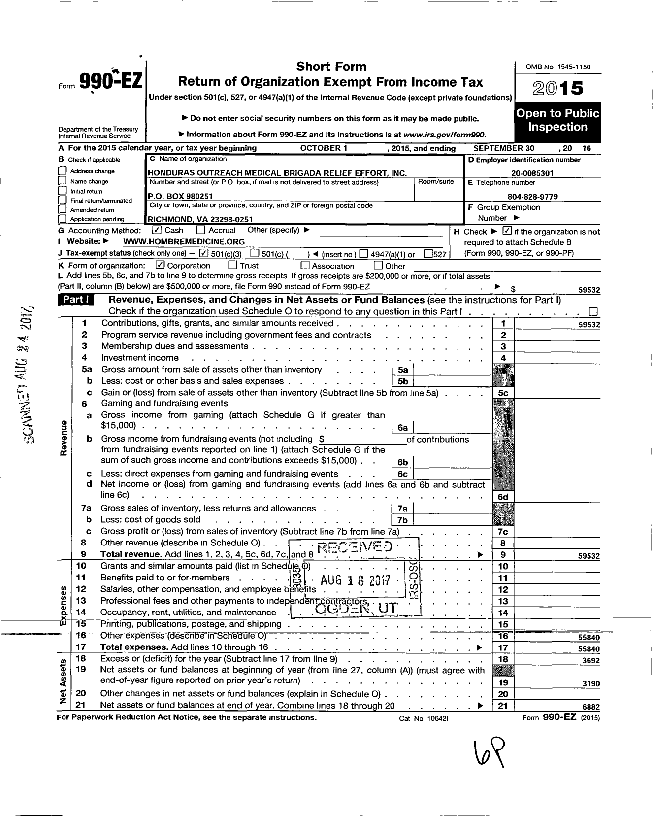 Image of first page of 2015 Form 990EZ for Honduras Outreach Medical Brigada Relief Effort