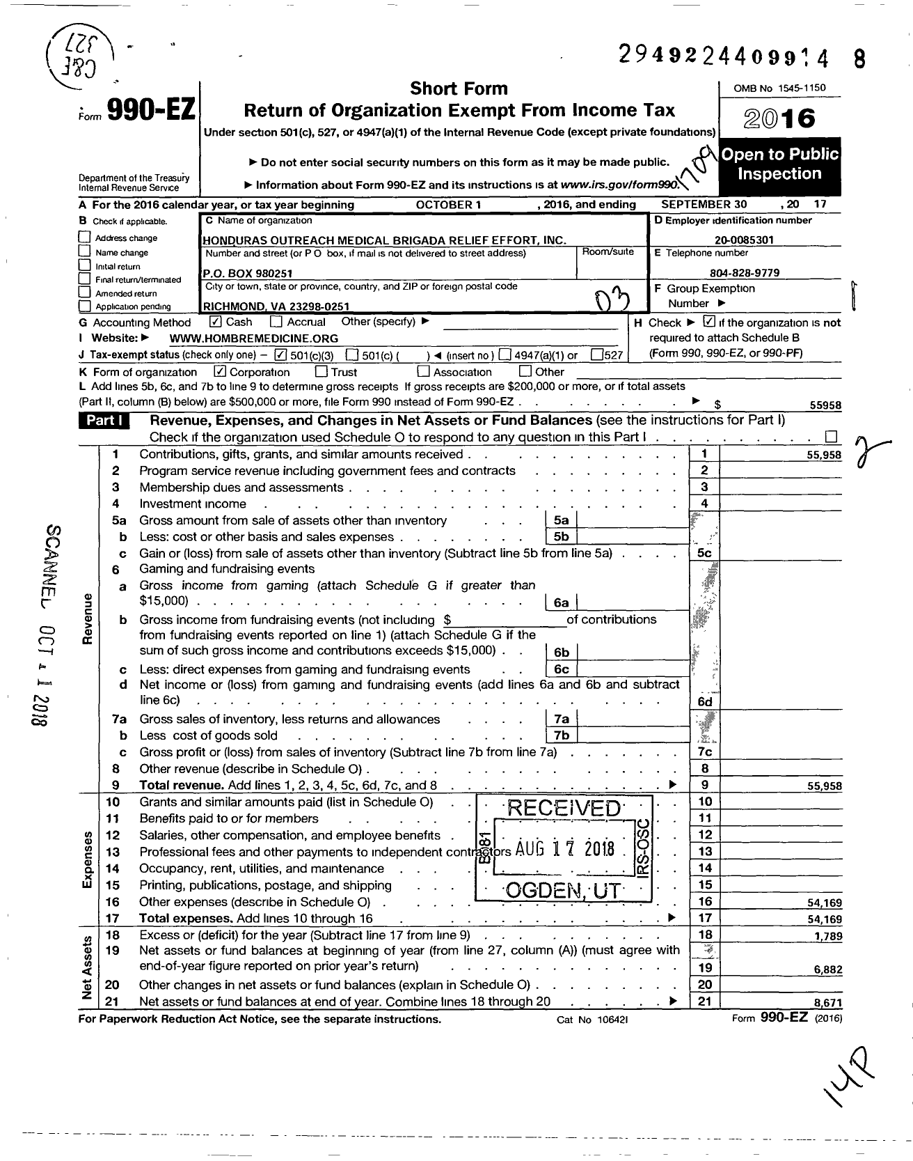 Image of first page of 2016 Form 990EZ for Honduras Outreach Medical Brigada Relief Effort